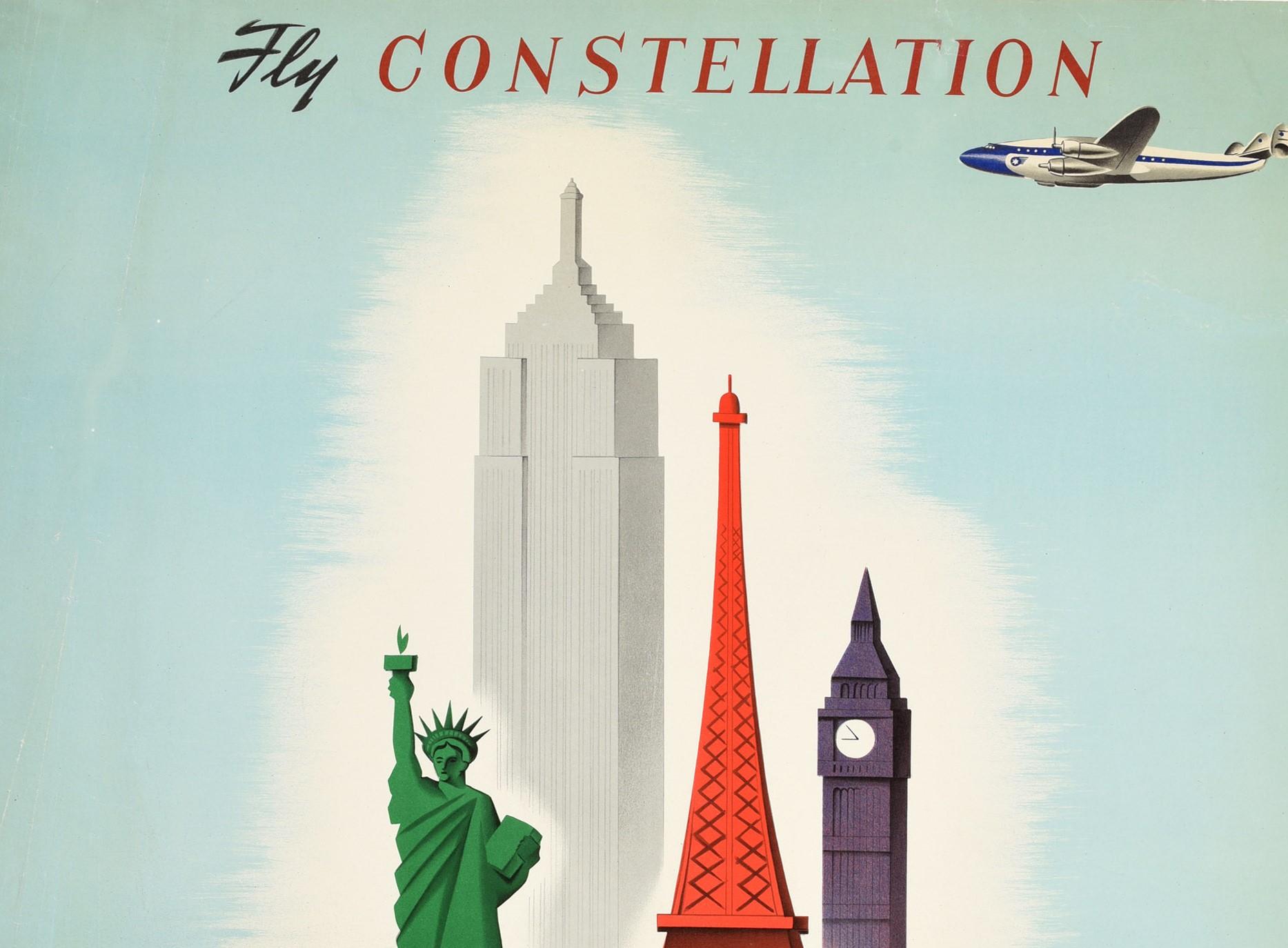 Original vintage air travel advertising poster, Fly Constellation to Four Continents El Al Israel Airlines - featuring a great design by the Israeli graphic designer Franz Krausz (1905-1998) depicting famous landmarks from different countries on