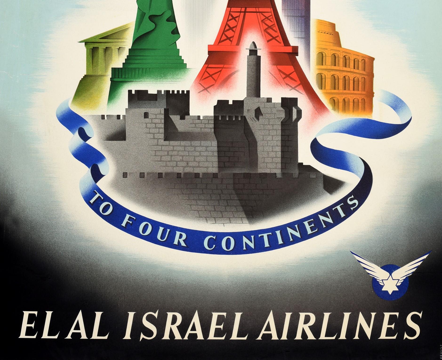 Israeli Original Vintage Poster Fly Constellation Four Continents El Al Israel Airlines