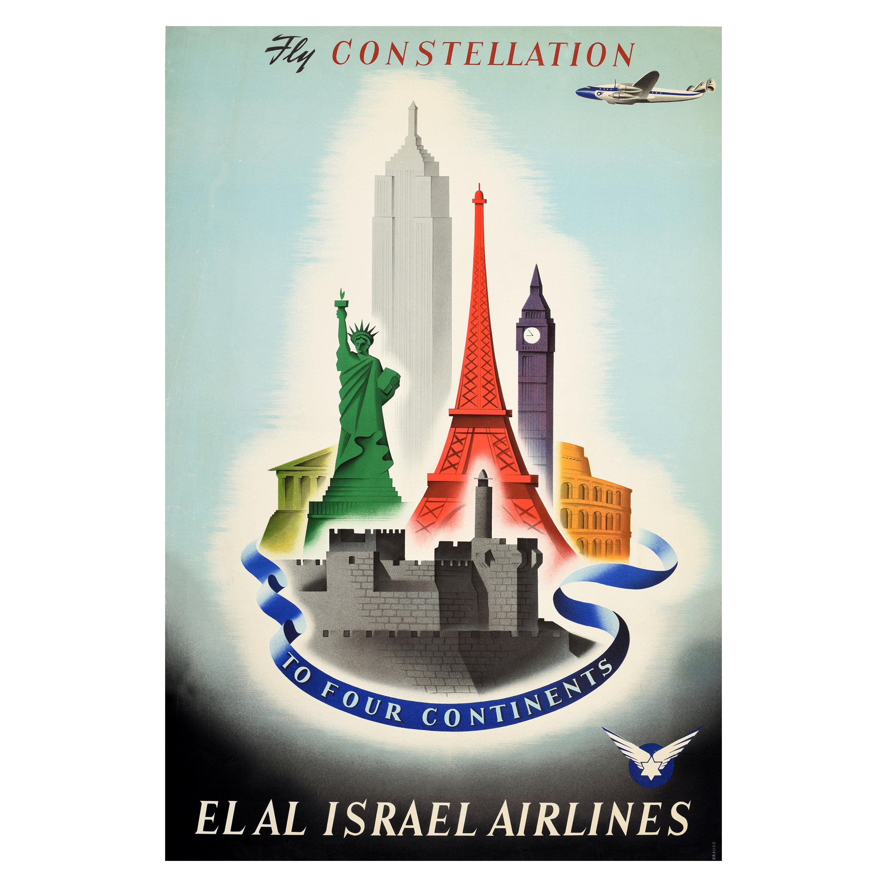 Original Vintage Poster Fly Constellation Four Continents El Al Israel Airlines