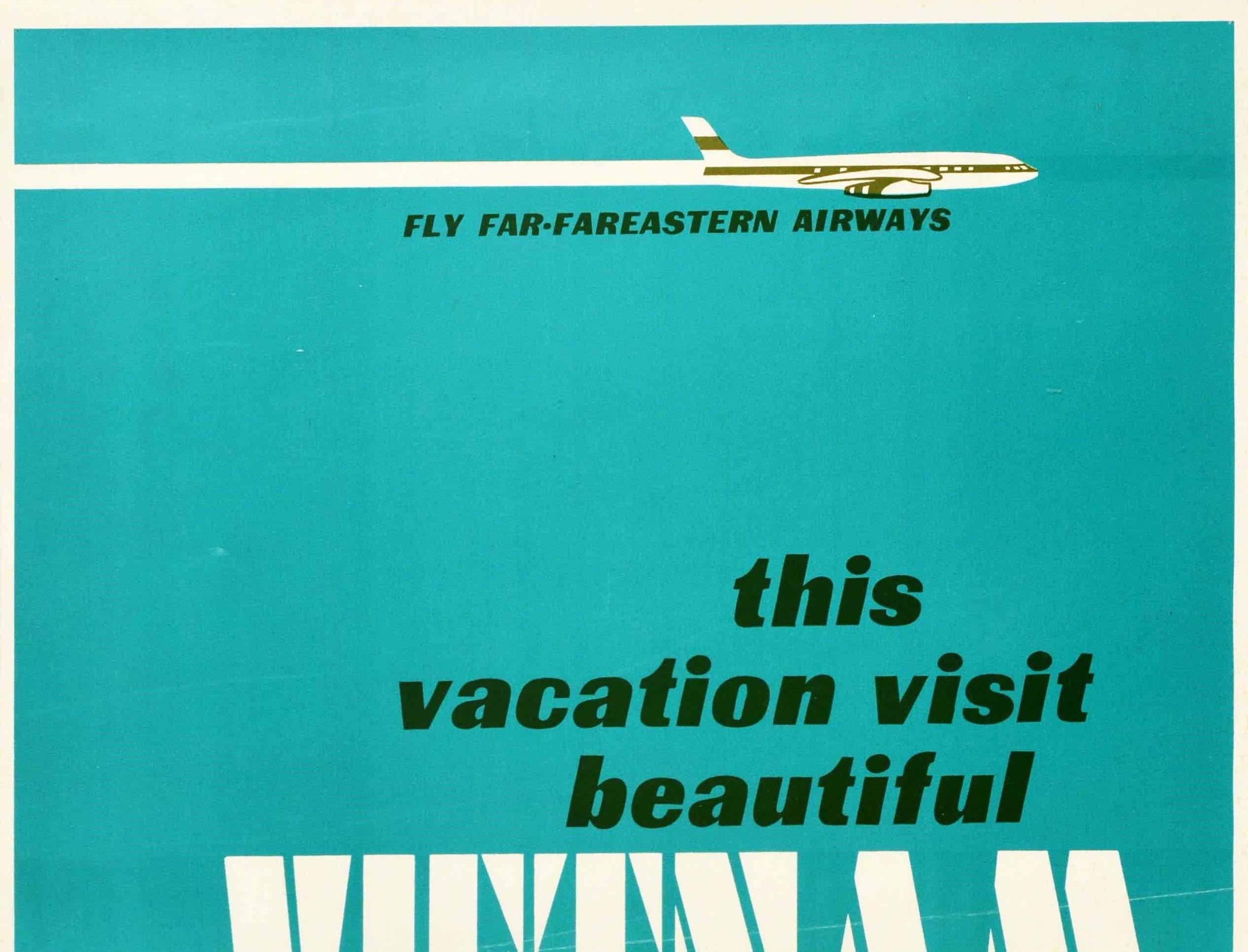 Original vintage anti-war political poster criticising the Vietnam War (1955-1975): Fly Far-FarEastern Airways this vacation visit beautiful Vietnam styled in a satirical travel poster design featuring a plane flying across the top of the poster