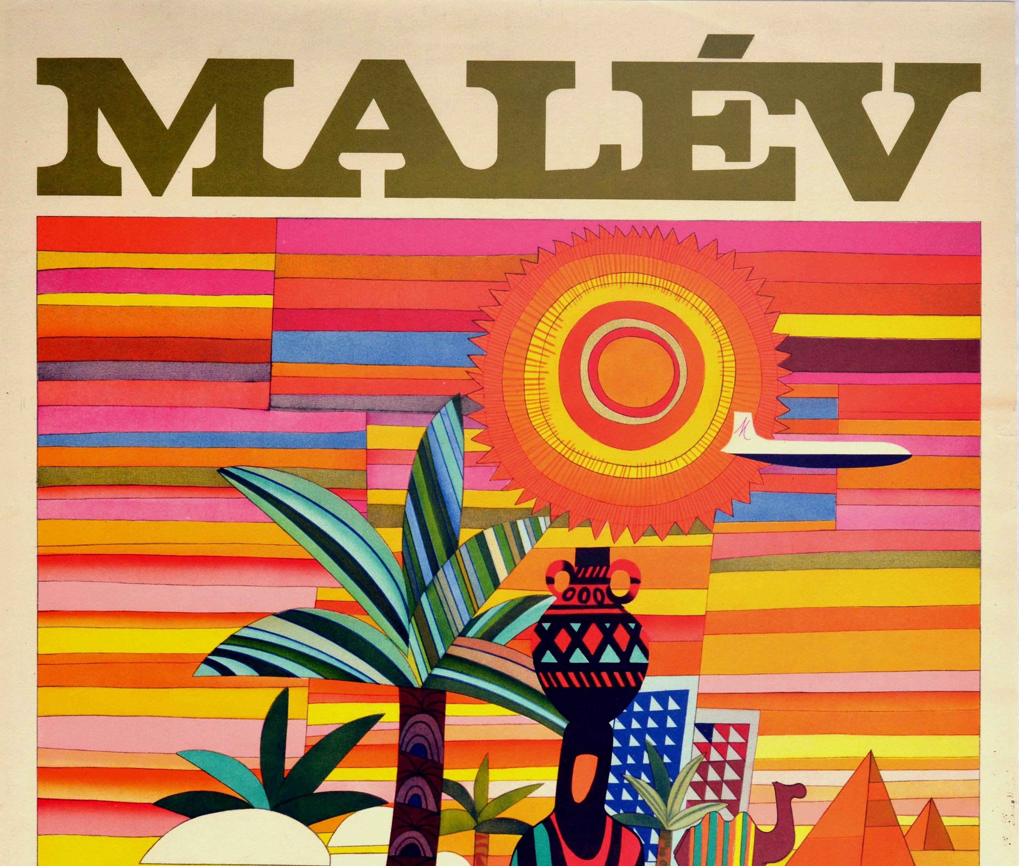 Original vintage travel advertising poster, Fly Malev Hungarian Airlines to the Middle East via Budapest - featuring a colourful mosaic collage style illustration depicting a plane flying across a multicoloured sky in front of an shining orange red