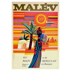 Original Retro Poster Fly Malev Hungarian Airlines To Middle East Via Budapest