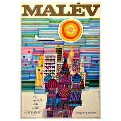 Original Retro Poster Fly Malev To USSR Budapest Moscow St Basil's Cathedral