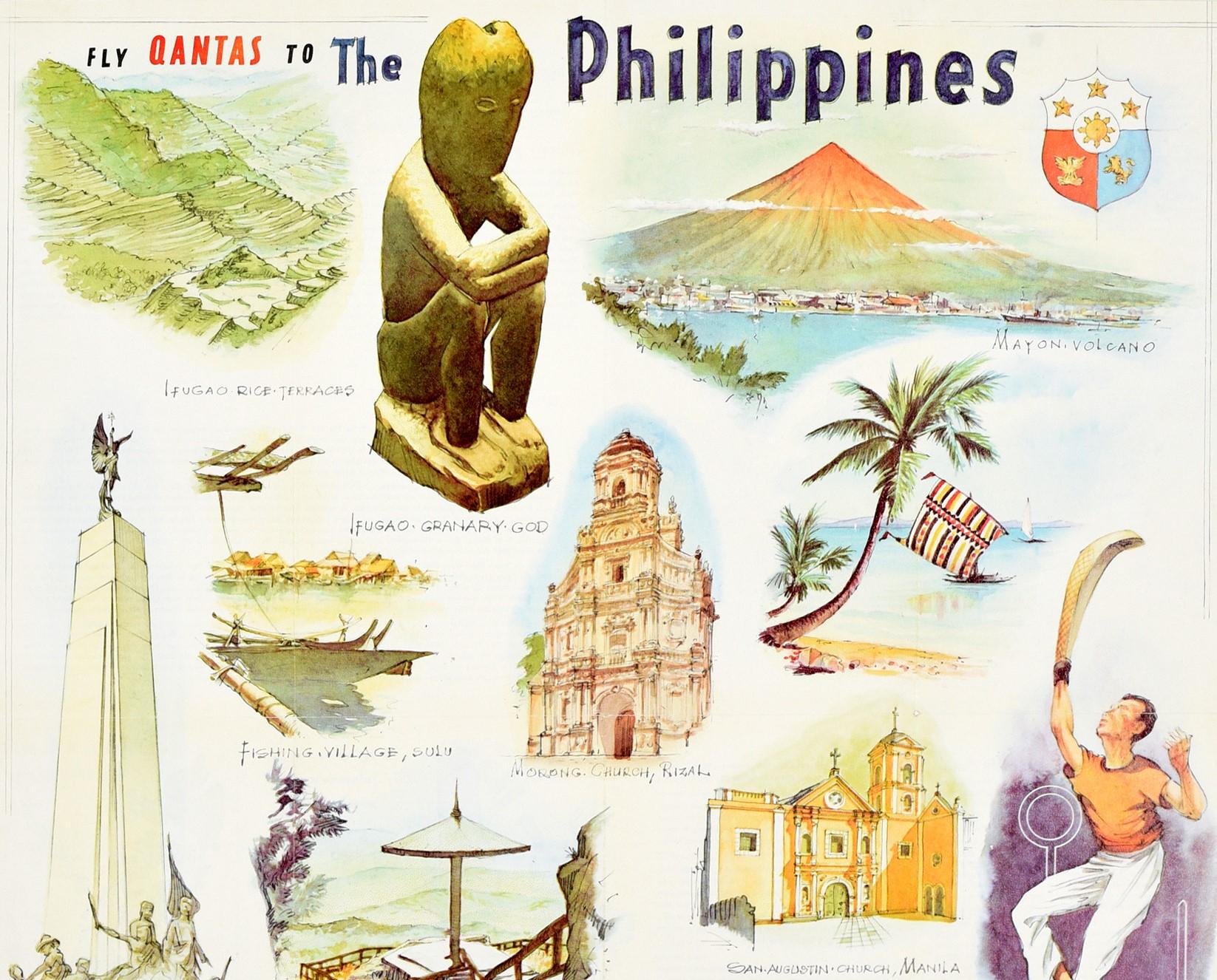 Affiche de voyage originale d'époque - vol Qantas vers les Philippines - comportant des illustrations scéniques colorées, notamment le volcan Mayon, des rizières en terrasses, un sportif jouant au jai-alai, les bâtiments du Congrès et de