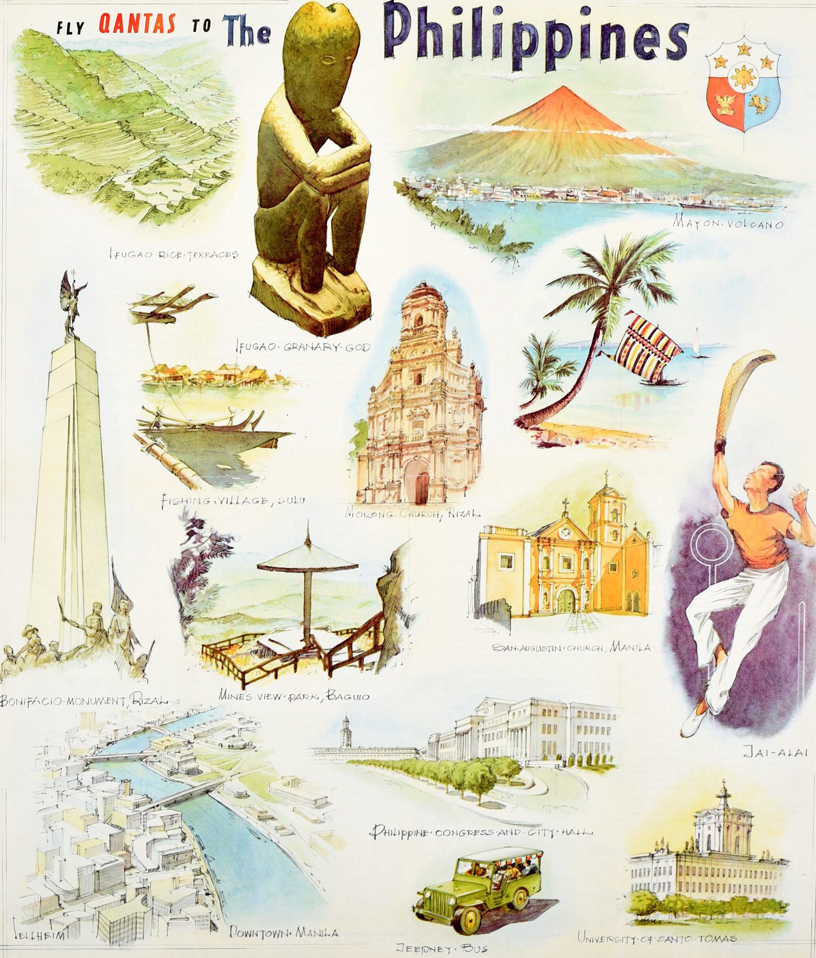 Affiche vintage originale Fly Qantas To The Philippines, Voyage, Illustrations d'art Bon état - En vente à London, GB