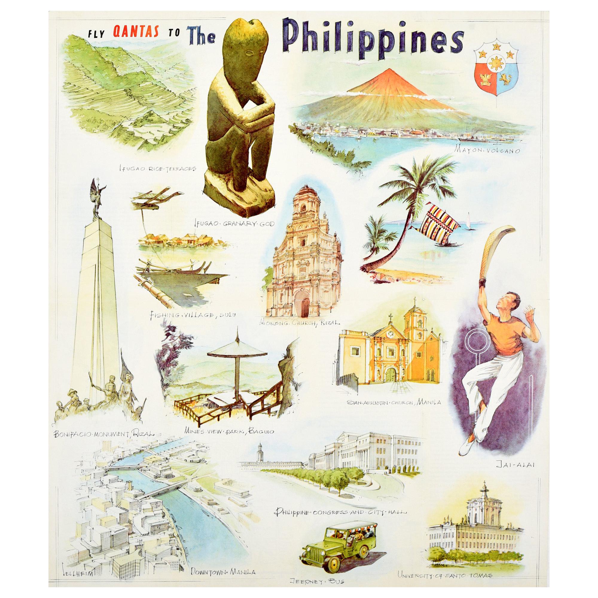 Original Vintage Poster Fly Qantas To The Philippines Travel Art Illustrations