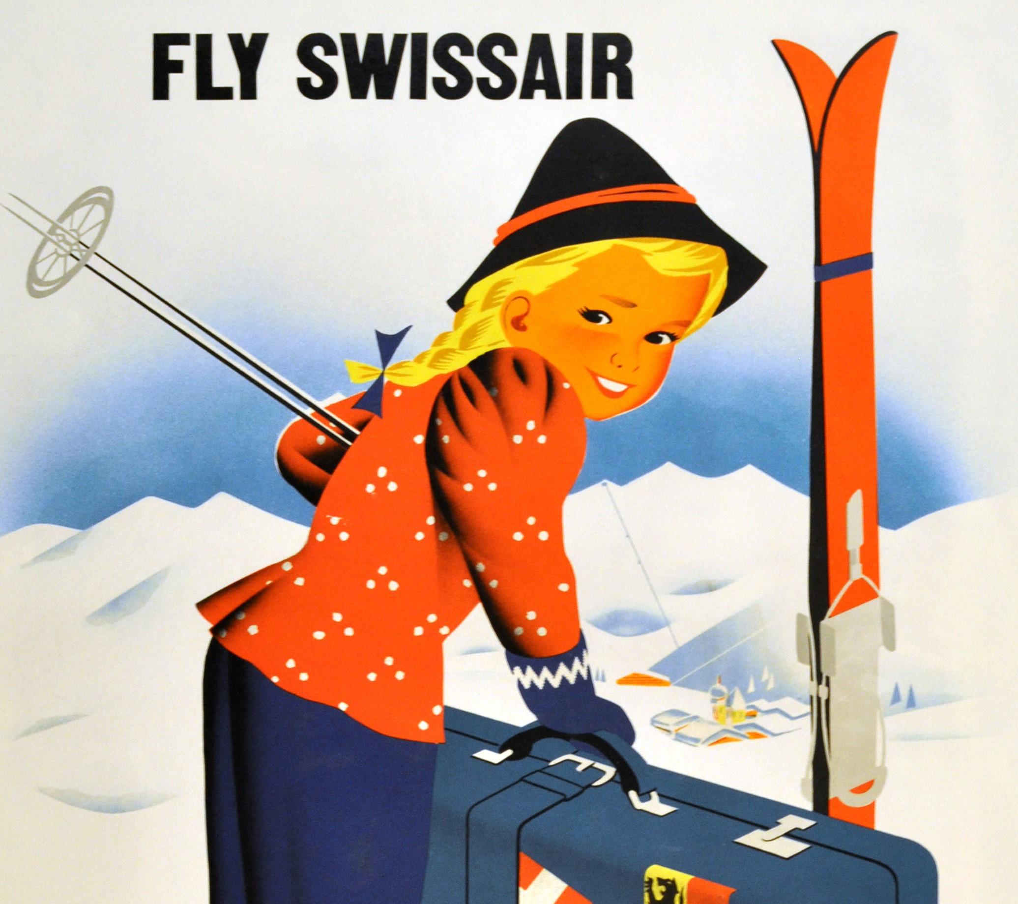 Original vintage skiing and winter sports travel poster - Fly Swissair Winter in Austria - featuring great artwork of a traditionally dressed young girl smiling to the viewer whilst holding her ski poles and suitcase covered with stickers of