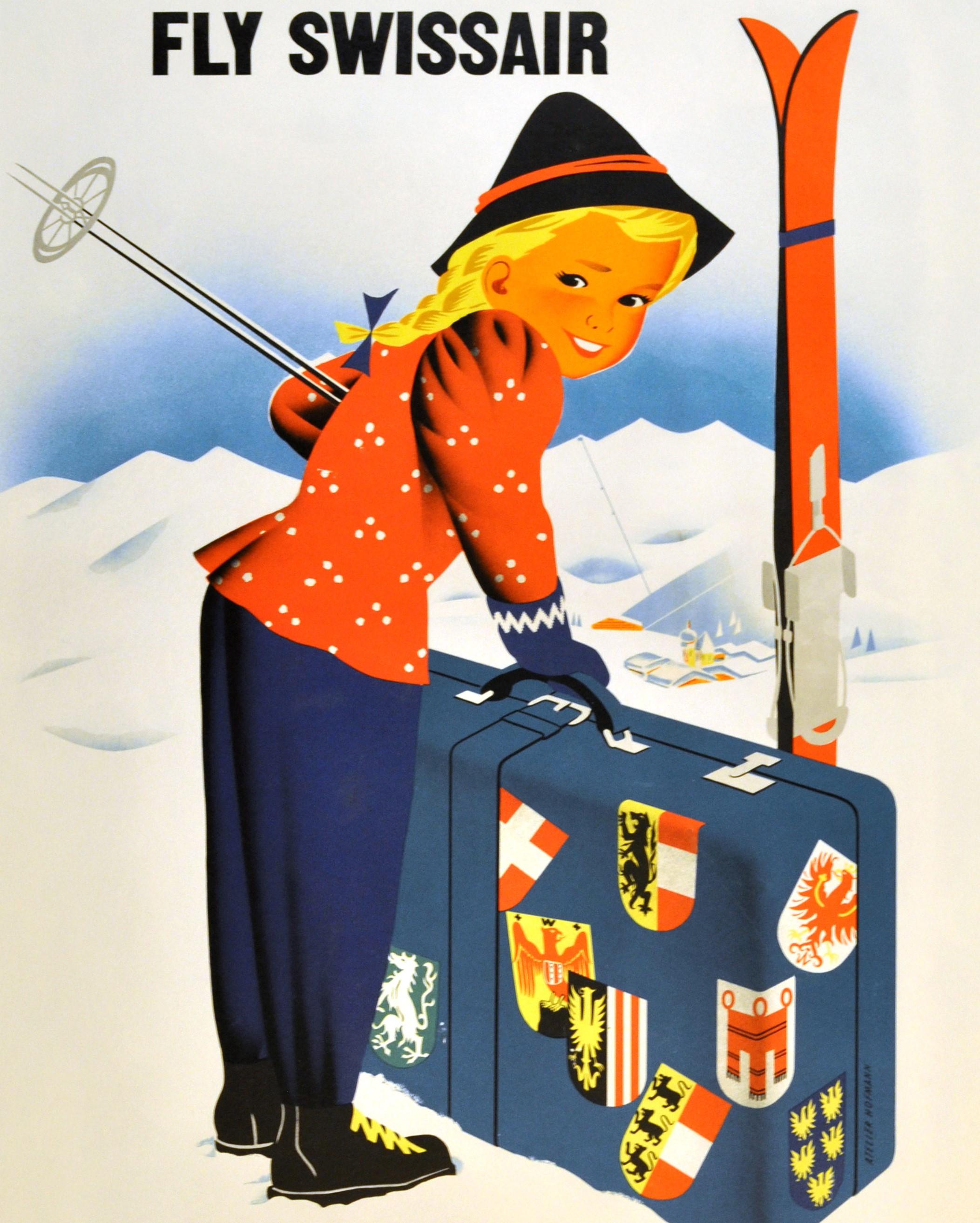 Original Vintage Poster Fly Swissair Winter In Austria Osterreich Skiing Sport In Good Condition In London, GB
