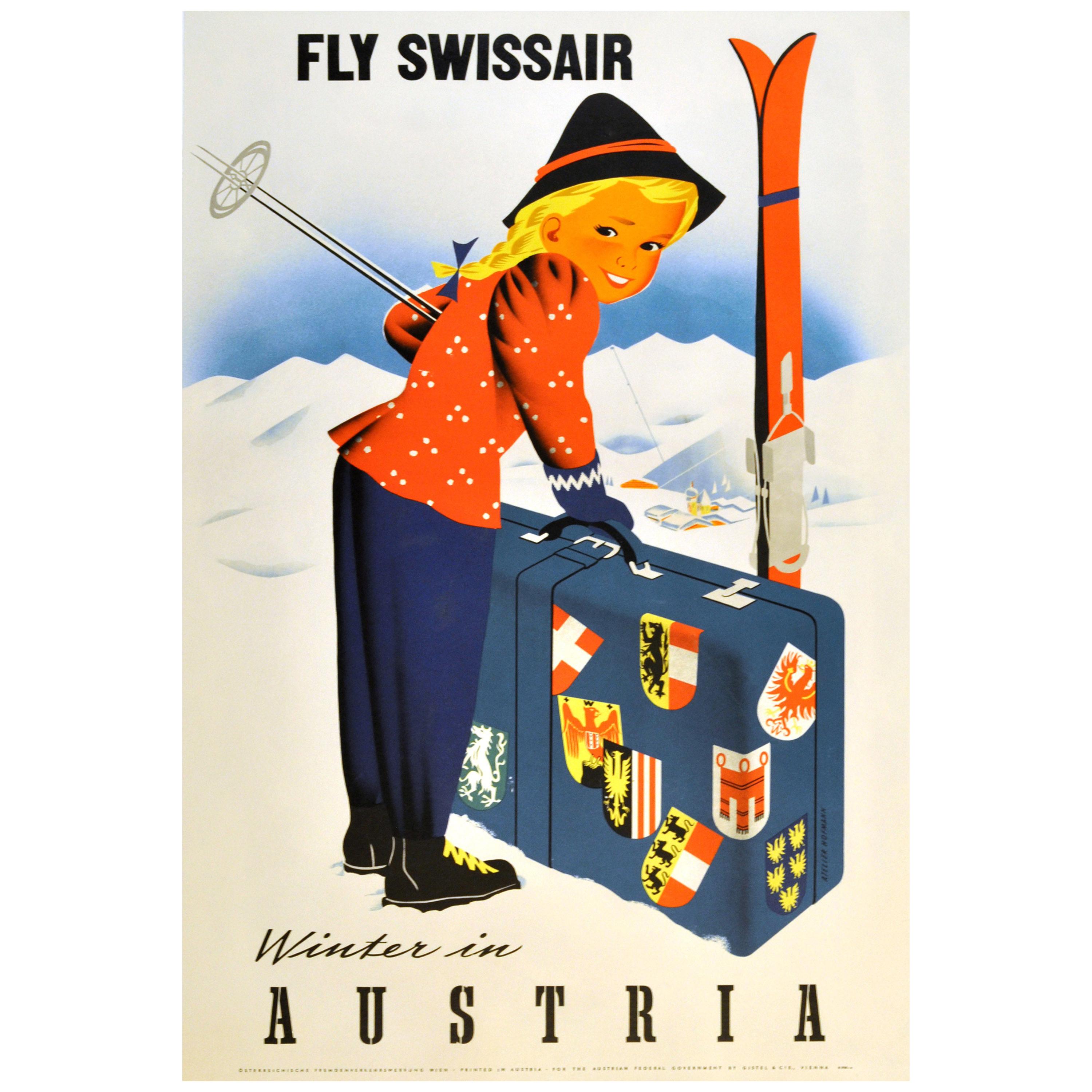 Original Vintage Poster Fly Swissair Winter In Austria Osterreich Skiing Sport