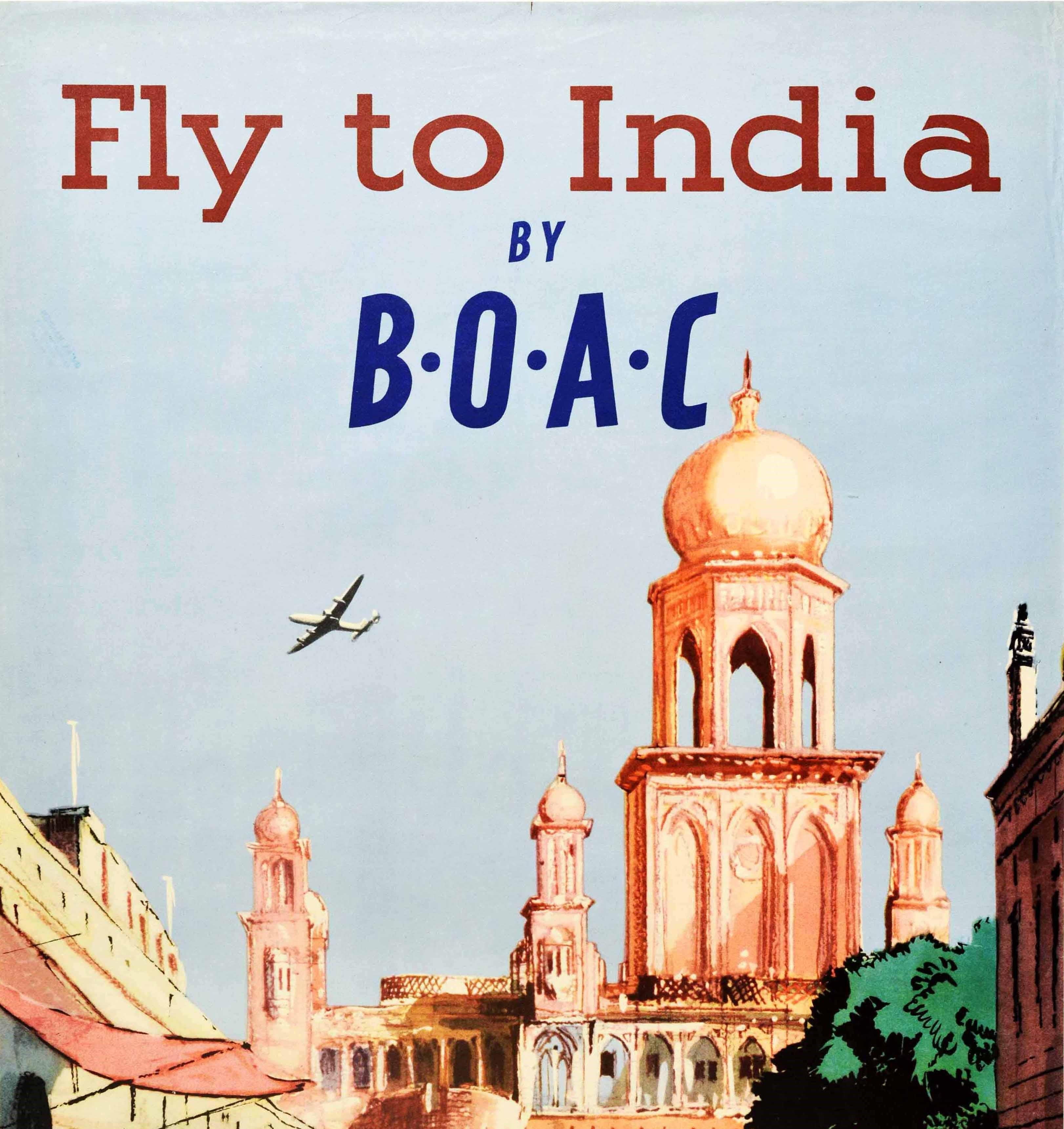 Original vintage travel poster Fly to India by BOAC featuring a great image of a smiling lady in traditional Indian clothing, jewellery and headdress and a child looking at the viewer while walking through a busy street with people in white