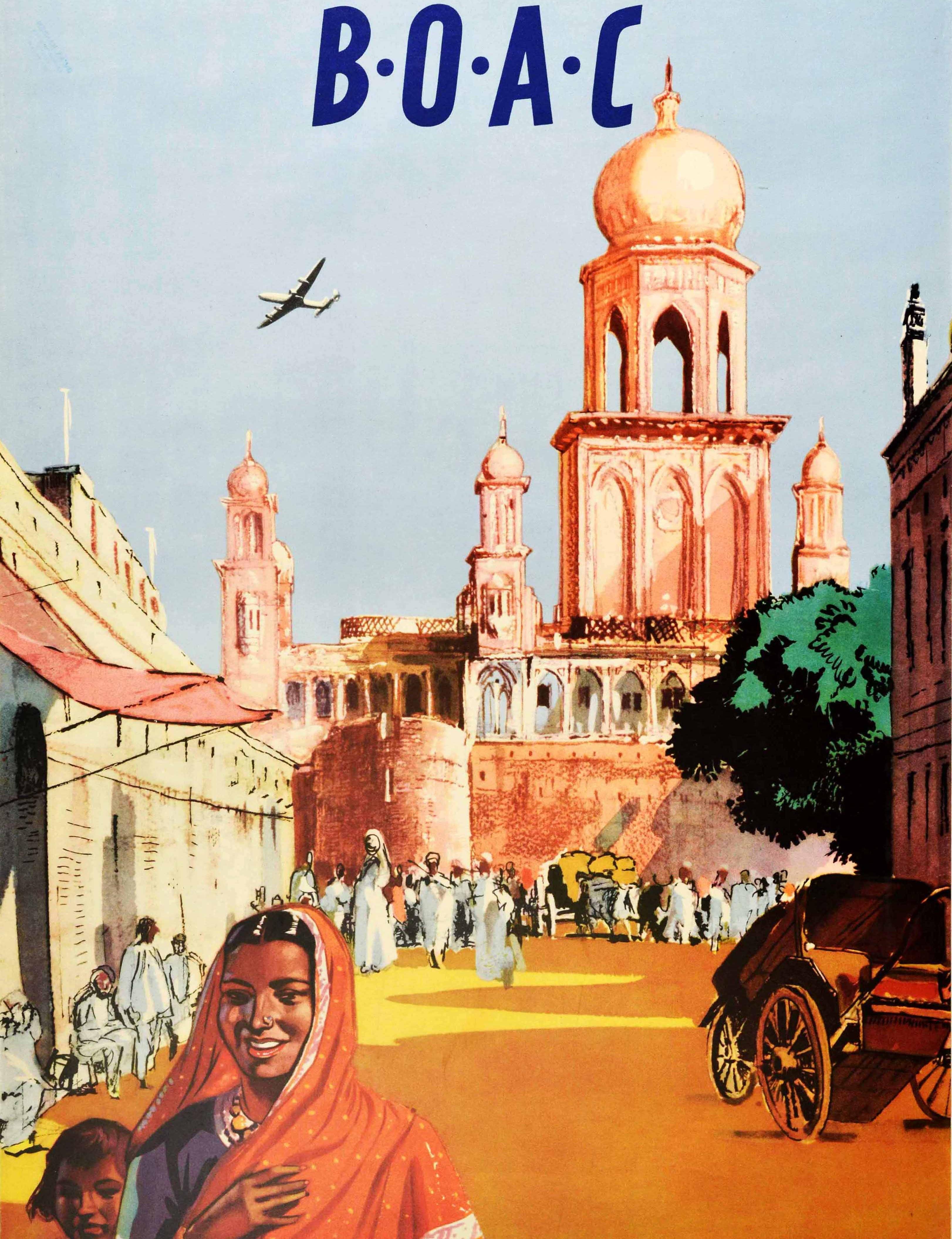 Mid-20th Century Original Vintage Poster Fly To India By BOAC British Overseas Airways Travel Art