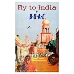 Original Retro Poster Fly To India By BOAC British Overseas Airways Travel Art