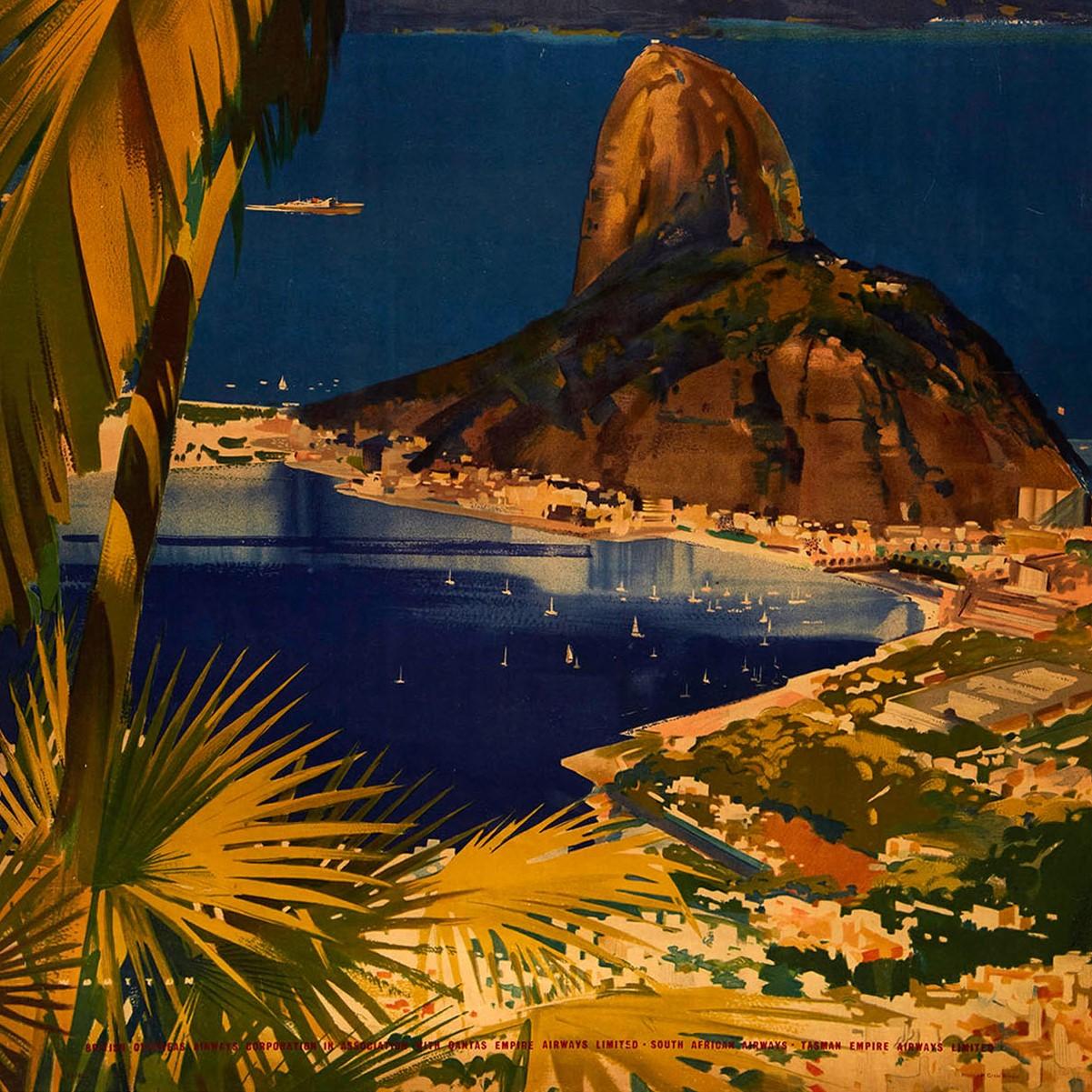 British Original Vintage Poster Fly To South America By BOAC Airline Travel Rio Brazil