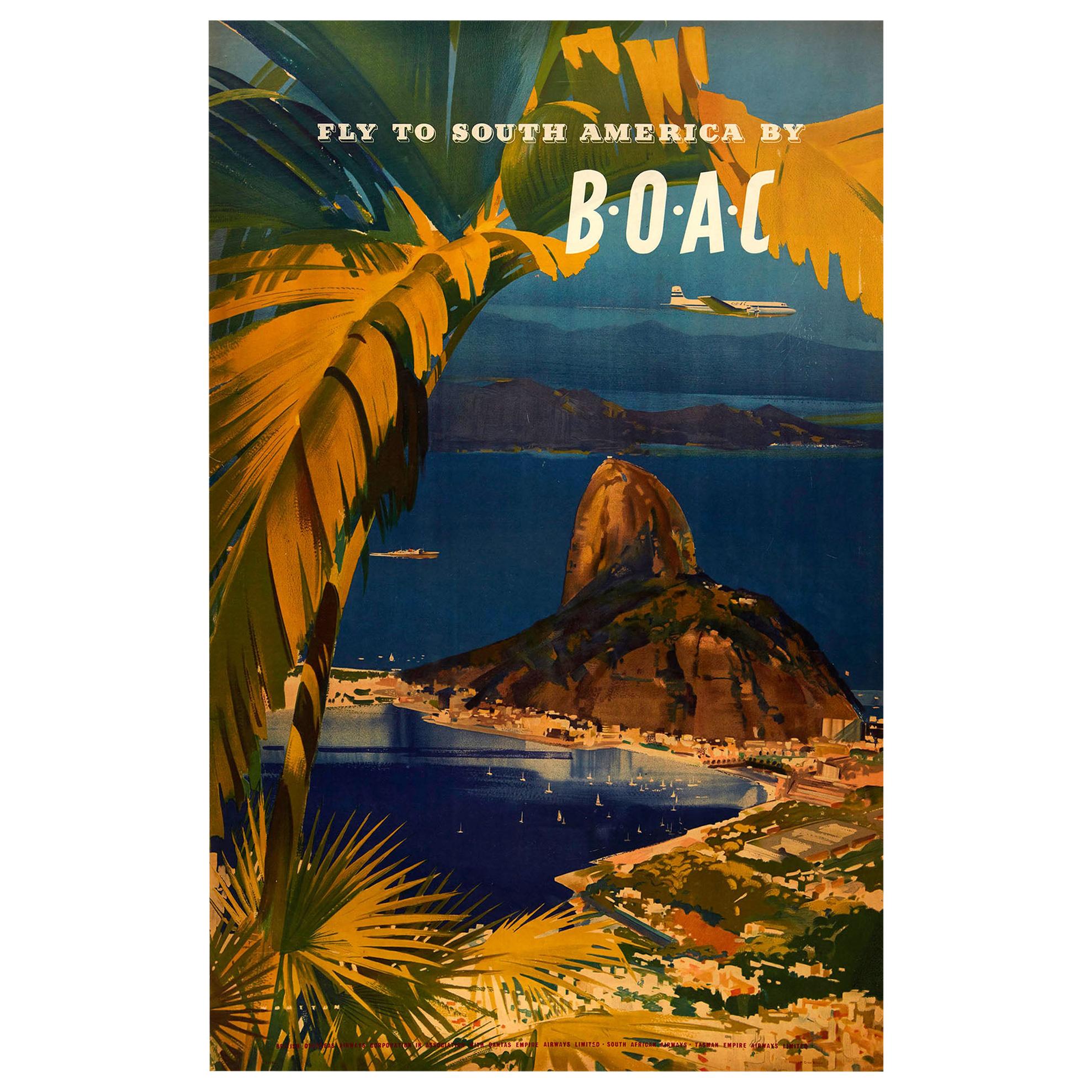 Original Vintage Poster Fly To South America By BOAC Airline Travel Rio Brazil