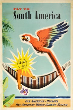 Original Vintage Poster Fly To South America Pan Am Air Travel Beach Parrot Sun