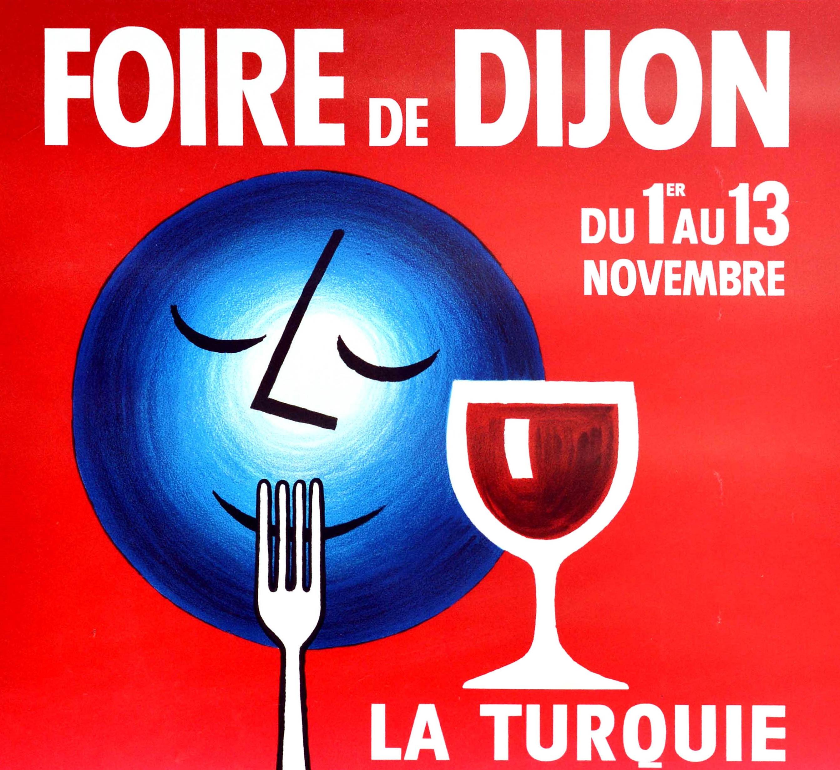 Affiche publicitaire originale d'époque pour la Dijon Food Fair / Foire de Dijon La Turquie Hote d'Honneur qui s'est tenue en Turquie en tant qu'hôte d'honneur du 1er au 13 novembre. Le dessin amusant et coloré du célèbre graphiste français Bernard