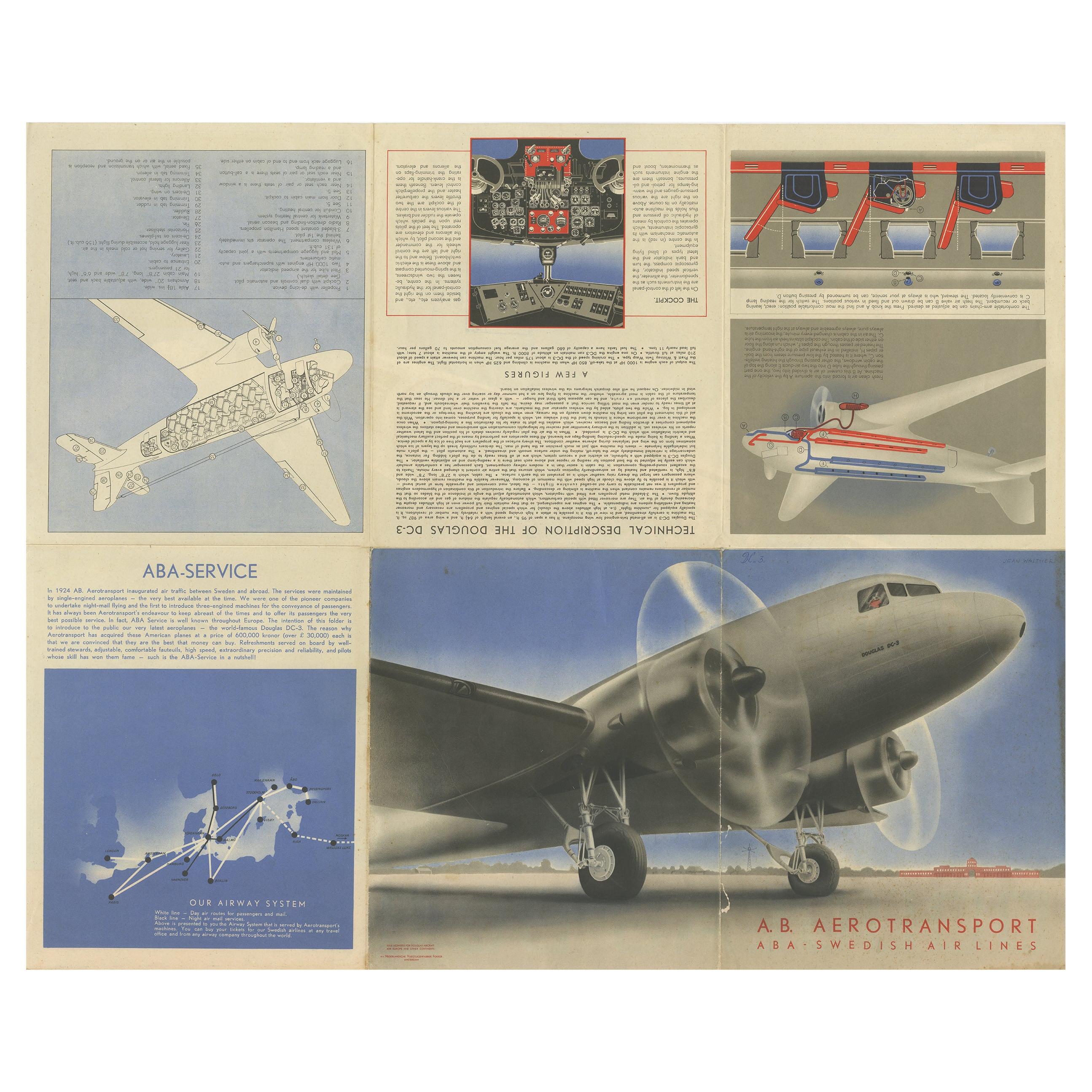 Original vintage poster / folder of the Douglas DC-3 A.B. Aerotransport Swedish Air Lines. It shows various illustrations of the Douglas Dc-3 and a detailed description (in English). First flown in 1935, the Douglas DC-3 became the most successful