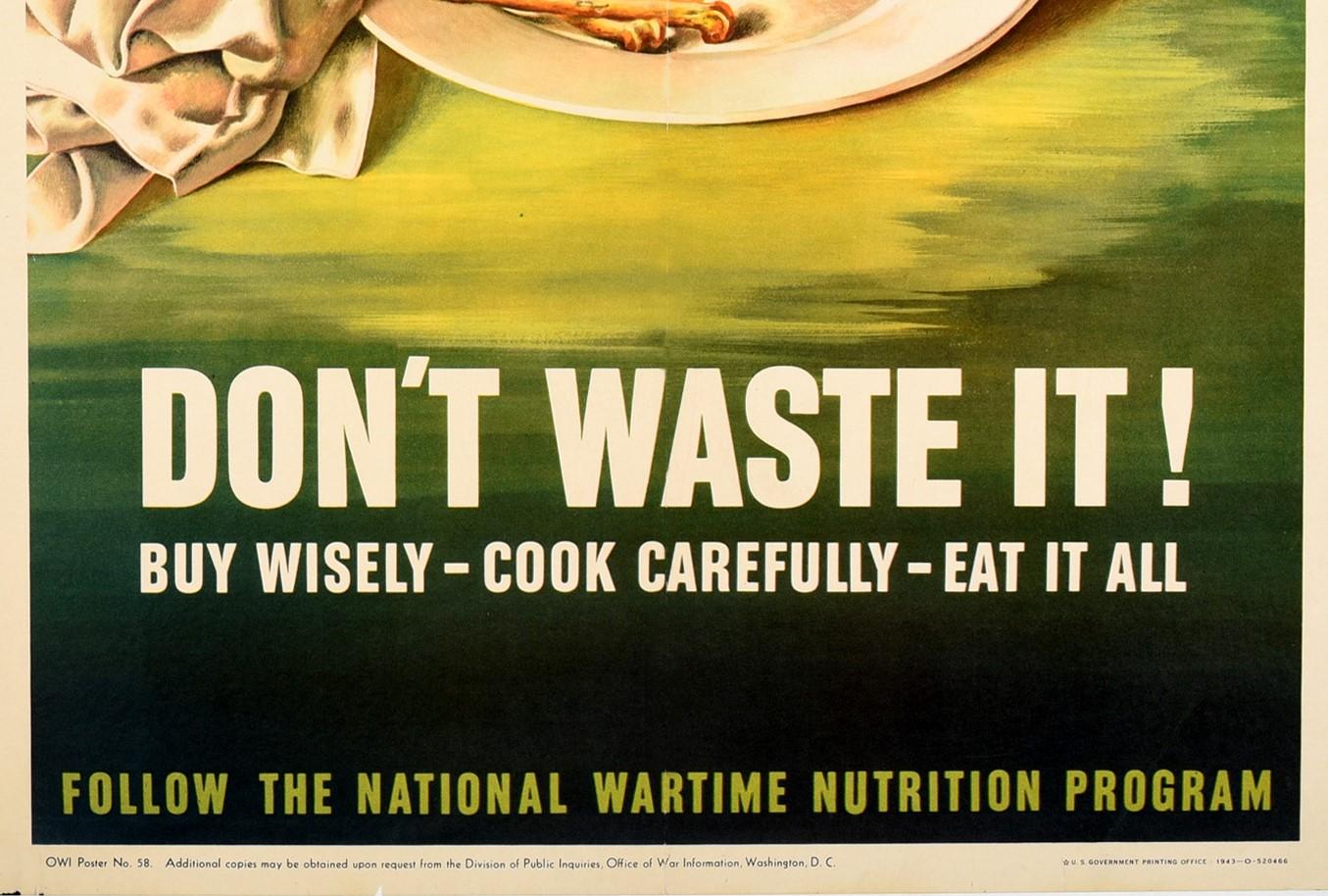 Póster Original Vintage La comida es un arma No la desperdicies Segunda Guerra Mundial Nutrición en tiempos de guerra Estadounidense en venta