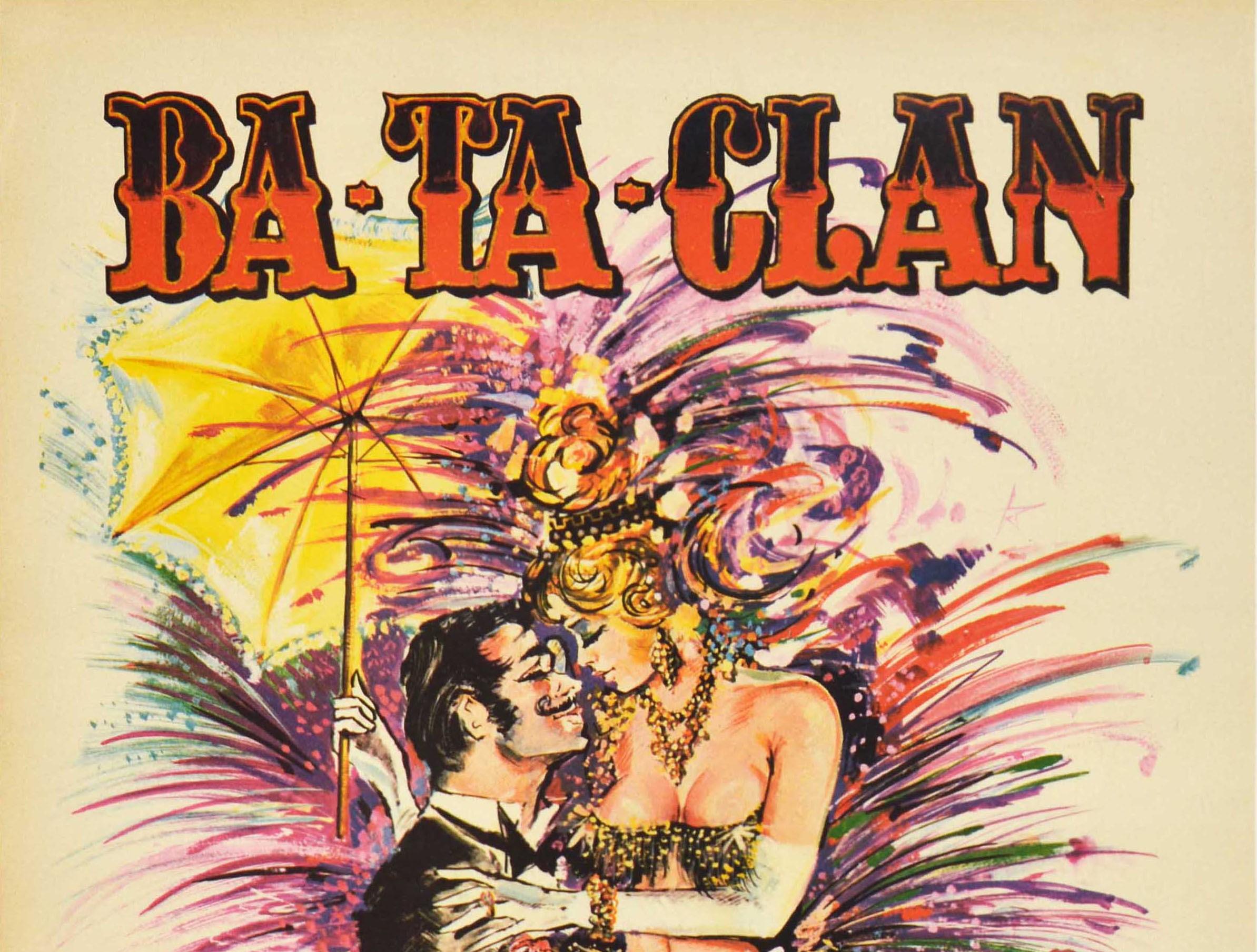 Original vintage advertising poster for a cabaret performance Ba-Ta-Clan at the Music Hall de Paris featuring a man in a suit holding a top hat with his arm around a scantily dressed dancer in a sparkly outfit and jewellery with long white gloves,