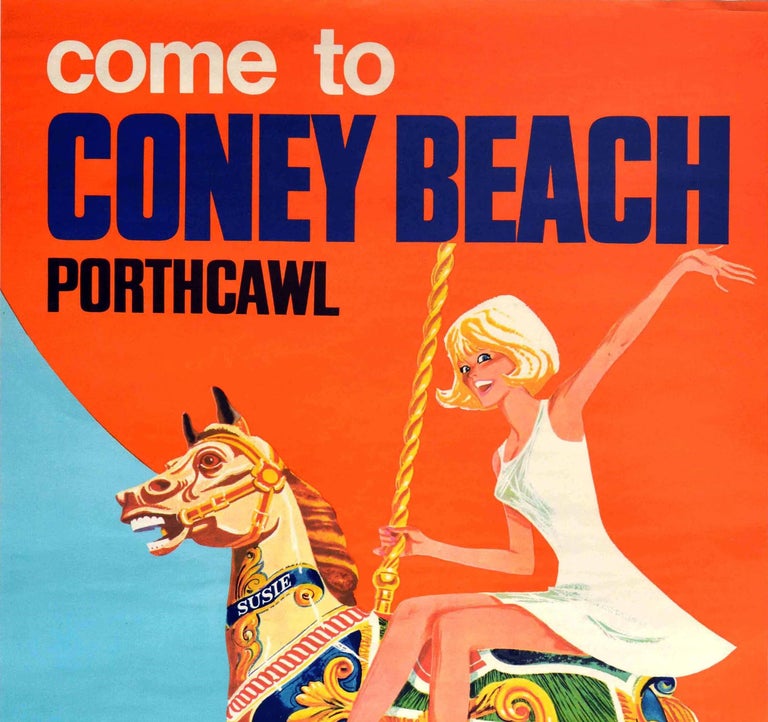 Original vintage travel advertisement poster - Come to Coney Beach Porthcawl Britain's brightest pleasure beach - featuring colourful artwork of a young smiling lady dressed in white waving to the viewer while enjoying a ride on a gold ornamented