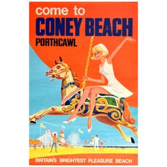 Affiche vintage d'origine pour Coney Beach Porthcawl Wales Fairground Pleasure Park