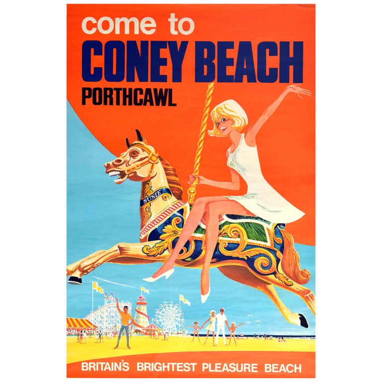 Original Vintage Poster For Coney Beach Porthcawl Wales Fairground Pleasure Park For Sale