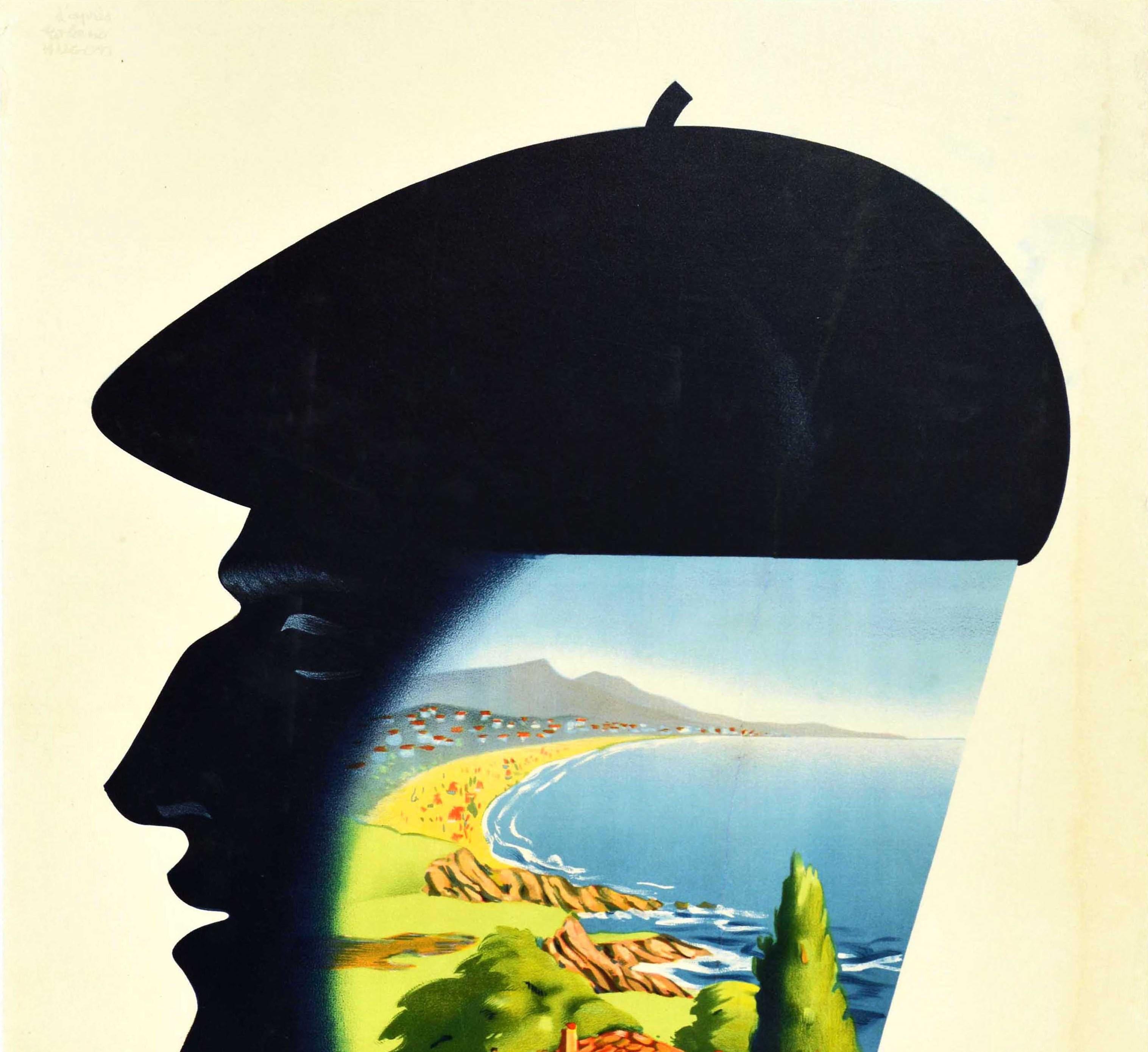 Original vintage SNCF railway travel poster for the Basque Coast - Cote Basque Societe Nationale des Chemins de Fer Francais - featuring a great Art Deco design depicting a scenic view of railway lines above the bay with a house between trees in the