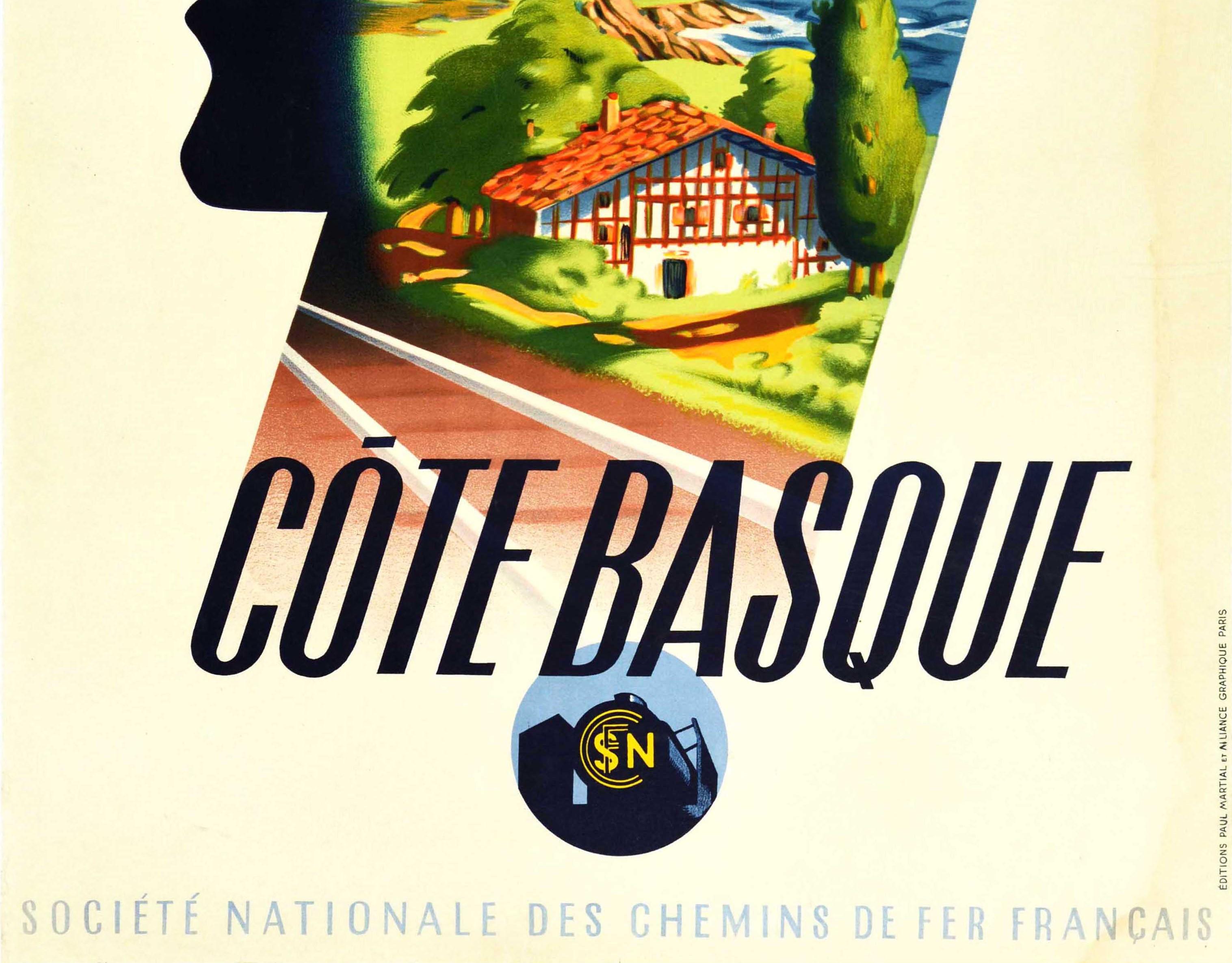 Art Deco Original Vintage Poster For Cote Basque Coast SNCF French Railway Travel Design For Sale