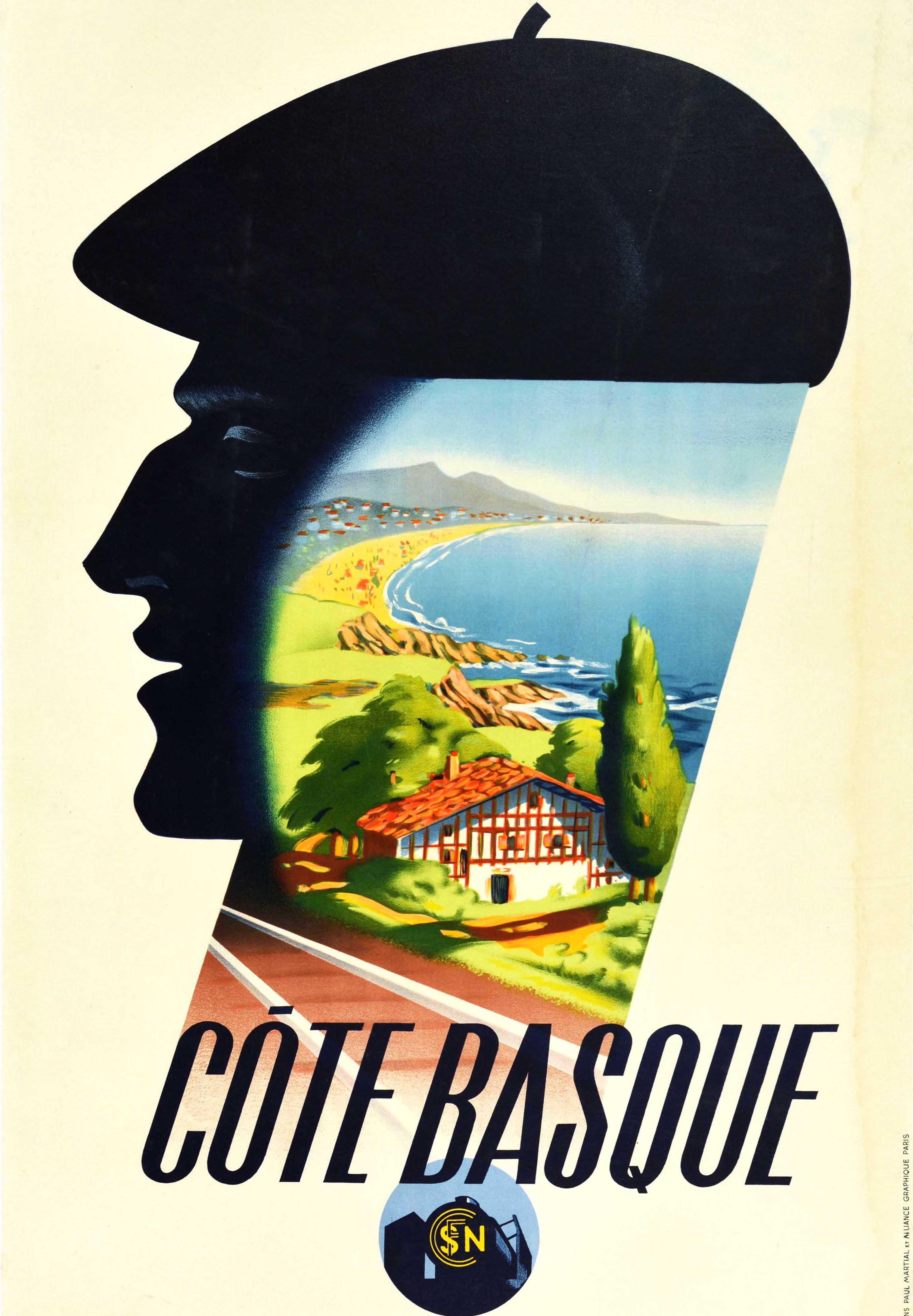 Original Vintage Poster For Cote Basque Coast SNCF French Railway Travel Design In Fair Condition For Sale In London, GB