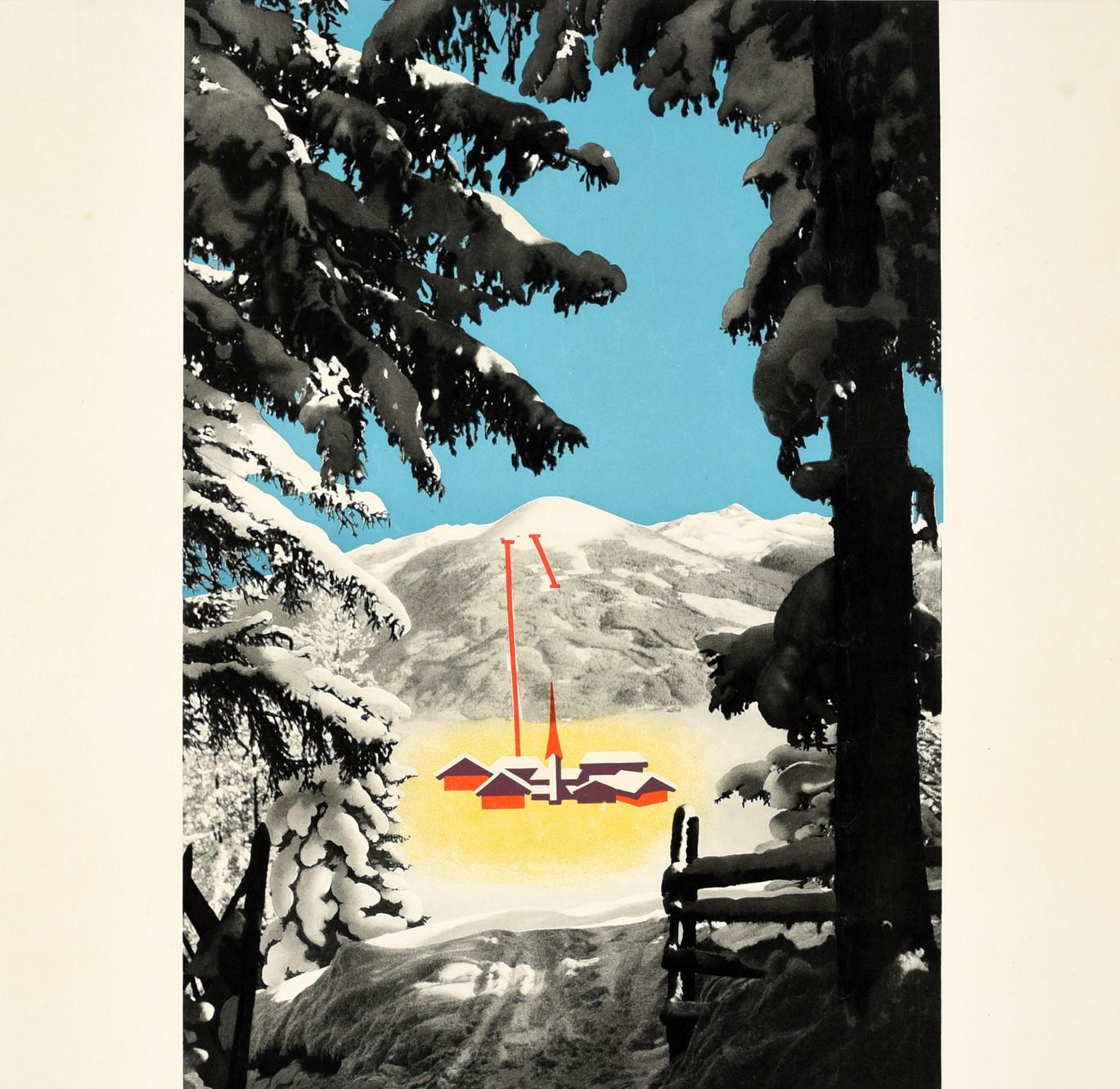 Originalplakat für Igls in Tirol, Österreich, mit einem Schwarz-Weiß-Motiv, das einen malerischen Winterblick durch schneebedeckte Bäume auf das gelb leuchtende Dorf mit den Gebäuden und Kirchtürmen in Farbe und den Skiliften in Orange auf den