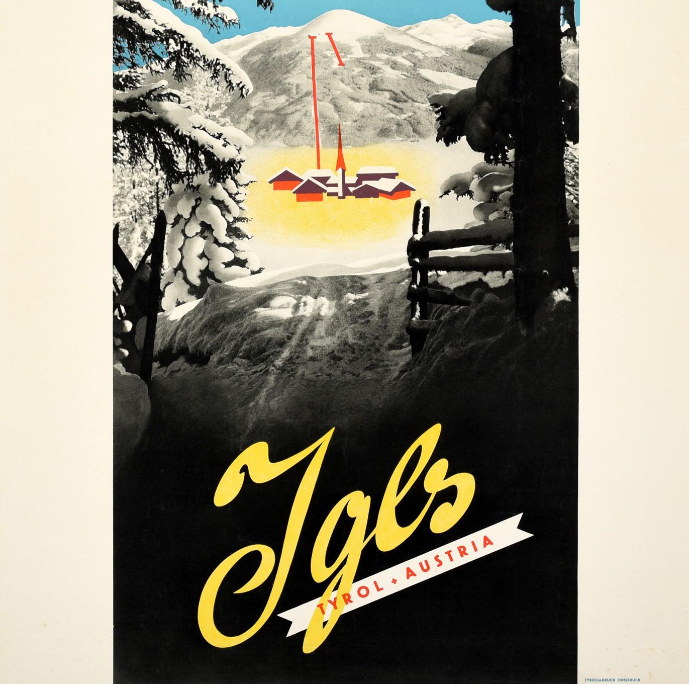 Austrian Original Vintage Poster For Igls Tyrol Austria Winter Sport Skiing Mountain Alps For Sale
