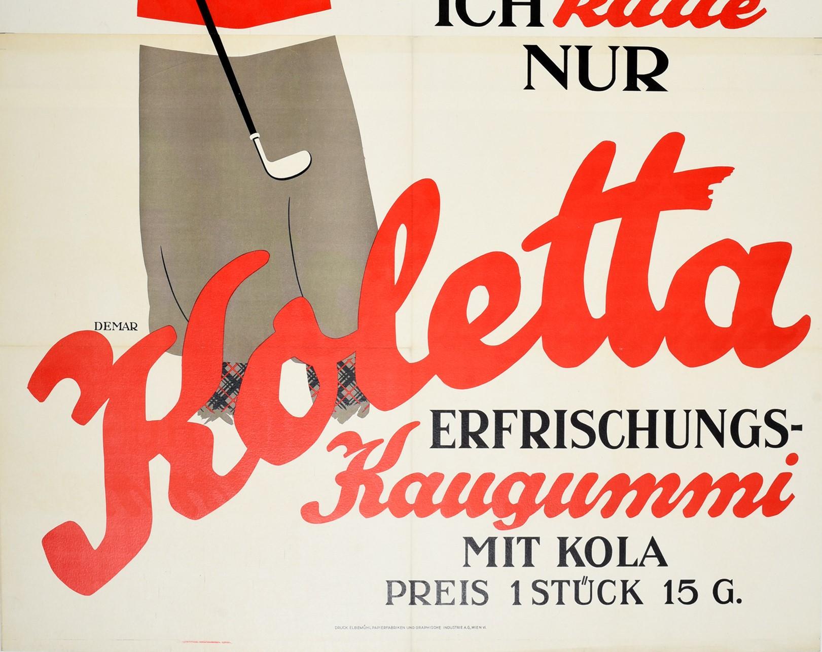 Austrian Original Vintage Poster For Koletta Chewing Gum With Cola Golfer Advertising Art For Sale