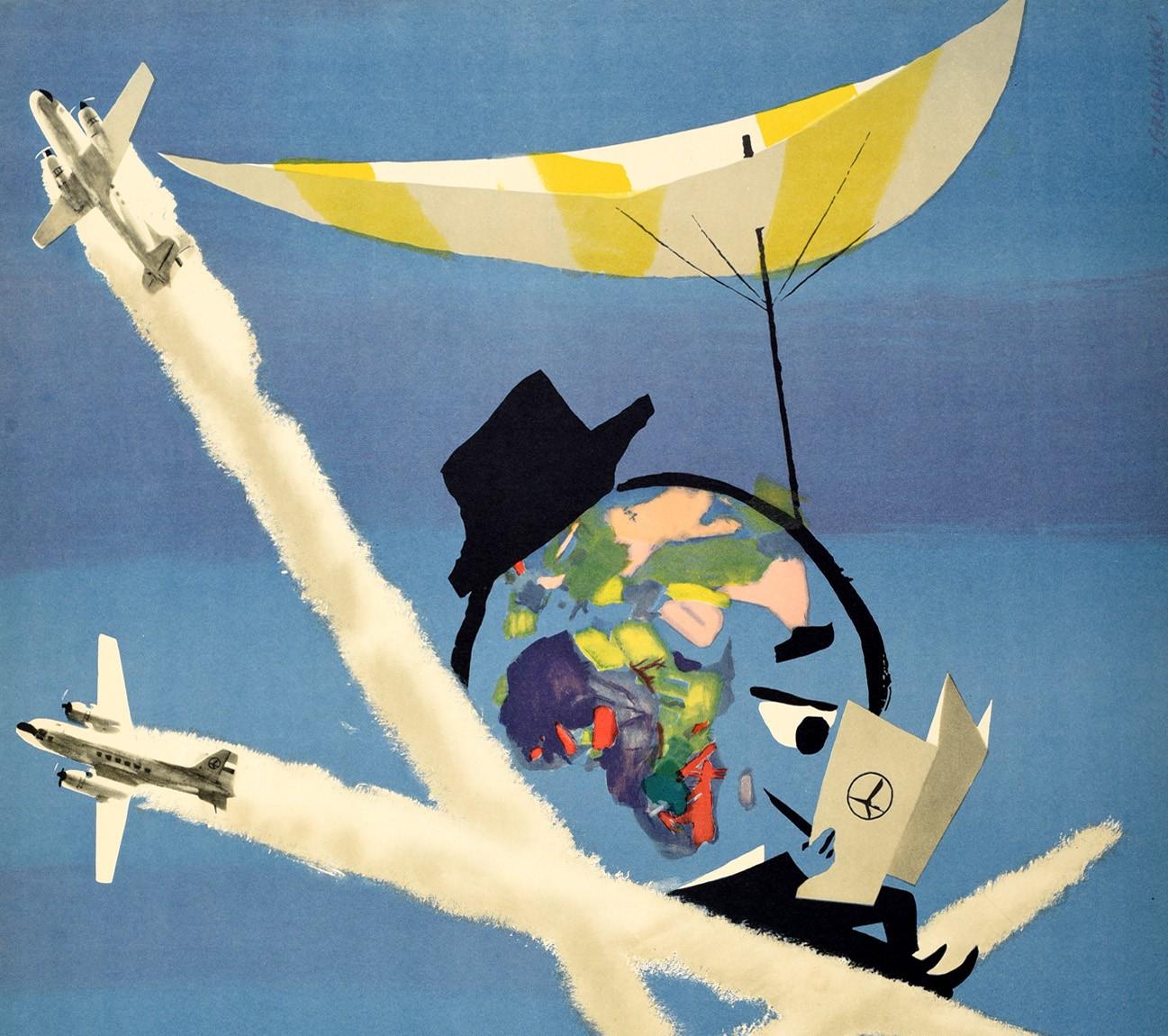Original vintage travel advertising poster for Polish Airlines LOT (Polskie Linie Lotnicze; founded 1929) featuring a fun design showing three planes with their white trails forming a deck chair in the blue sky being used by a smiling globe of the