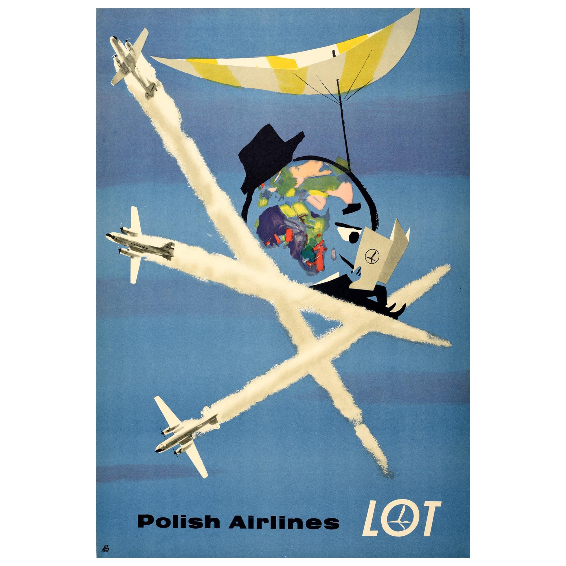 Original Vintage Poster For LOT Polish Airlines World Travel Planes Deck Chair For Sale