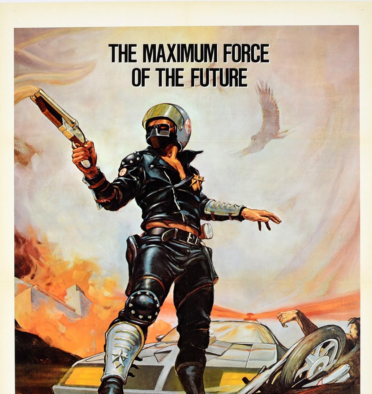 Original vintage movie poster for the cult science fiction film Mad Max - The maximum force of the future - directed by George Miller and starring Mel Gibson with music by Brian May featuring a dynamic image of a man wearing a black leather police