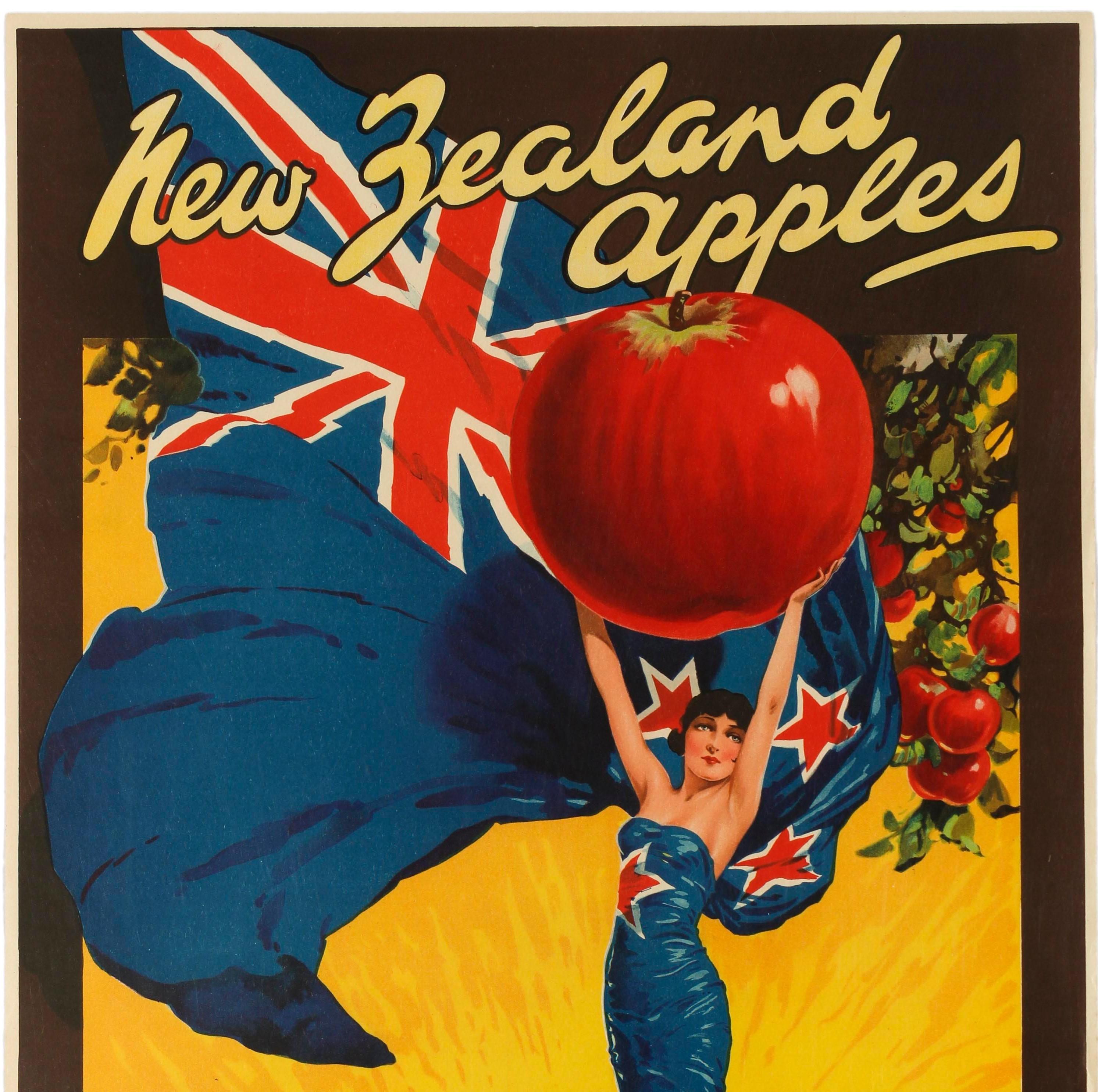 Original vintage British Empire trade advertising poster for New Zealand Apples featuring a colourful design depicting a young lady wrapped in a New Zealand flag and holding up a large red apple against a sunny yellow background with an apple tree