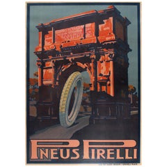 Original Antique Poster for Pneus Pirelli Tyres Ft Historic Roman Arch and Tire