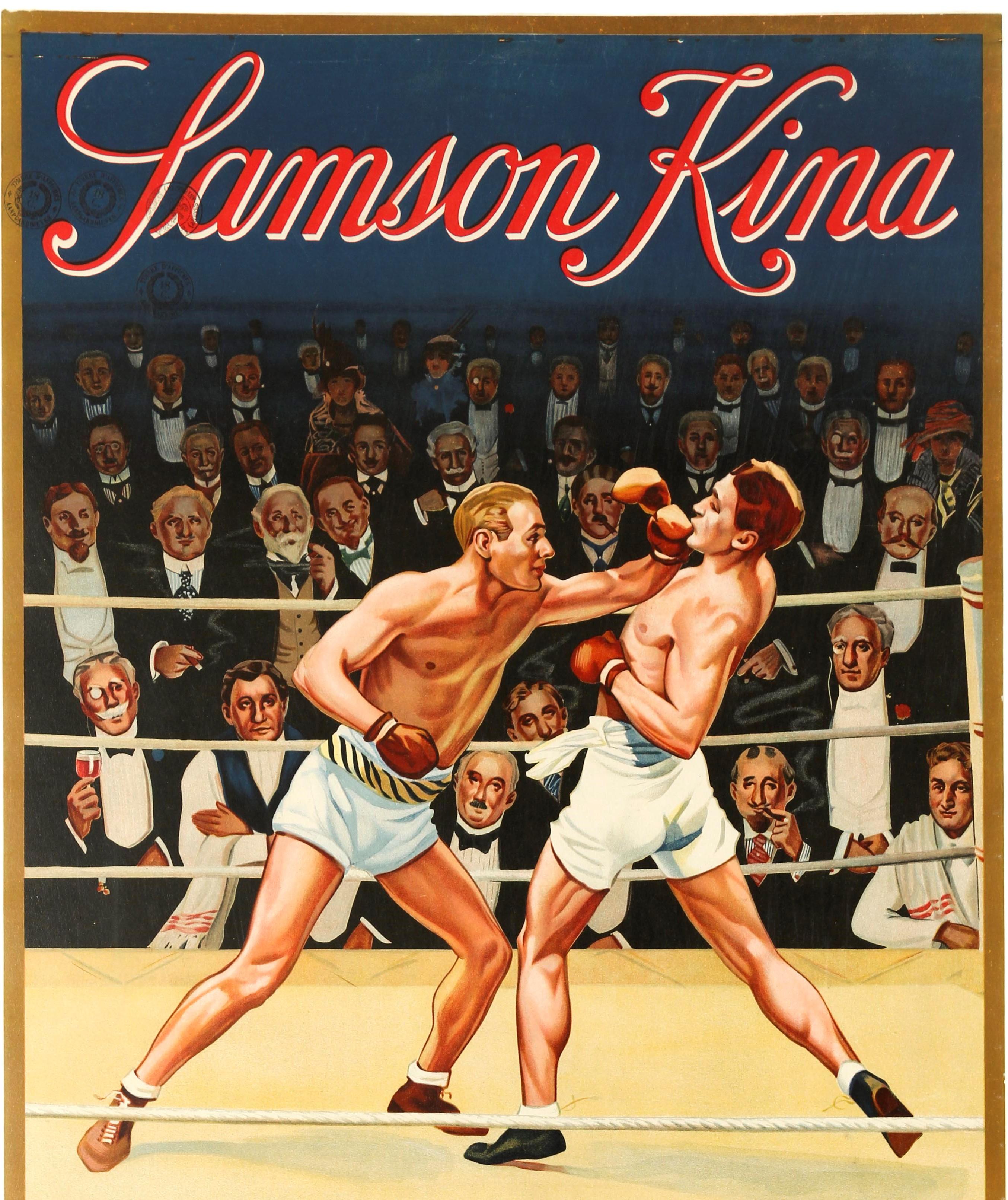 Original-Getränke-Werbeplakat für den belgischen Aperitif Samson Kina mit einem farbenfrohen Kunstwerk, das einen überfüllten Boxkampf mit zwei Männern im Ring und elegant gekleideten Zuschauern zeigt, die den Kampf auf beiden Seiten beobachten,