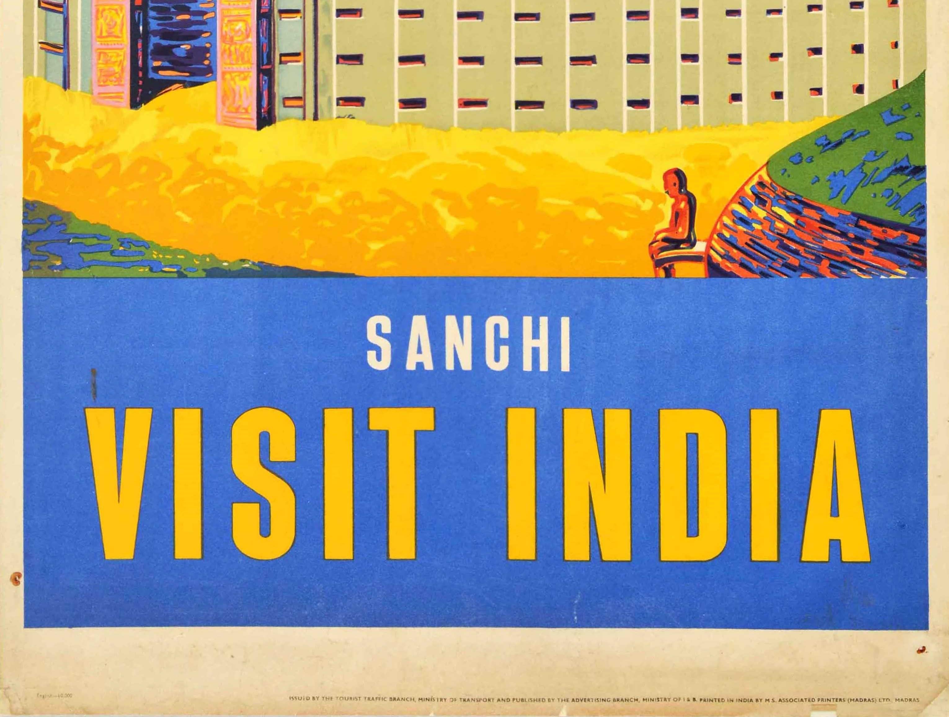 Indian Original Vintage Poster For Sanchi Visit India Architecture Great Stupa Buddhism For Sale