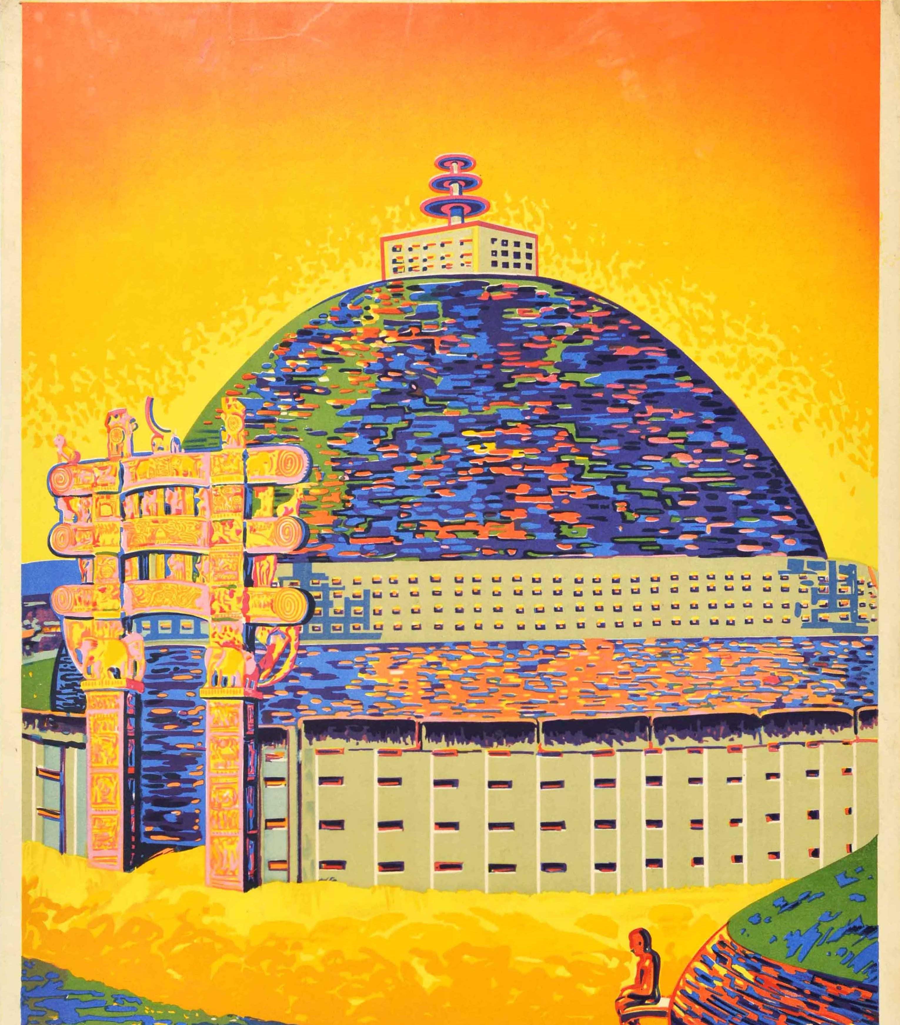 Original Vintage Poster For Sanchi Visit India Architecture Great Stupa Buddhism In Good Condition For Sale In London, GB