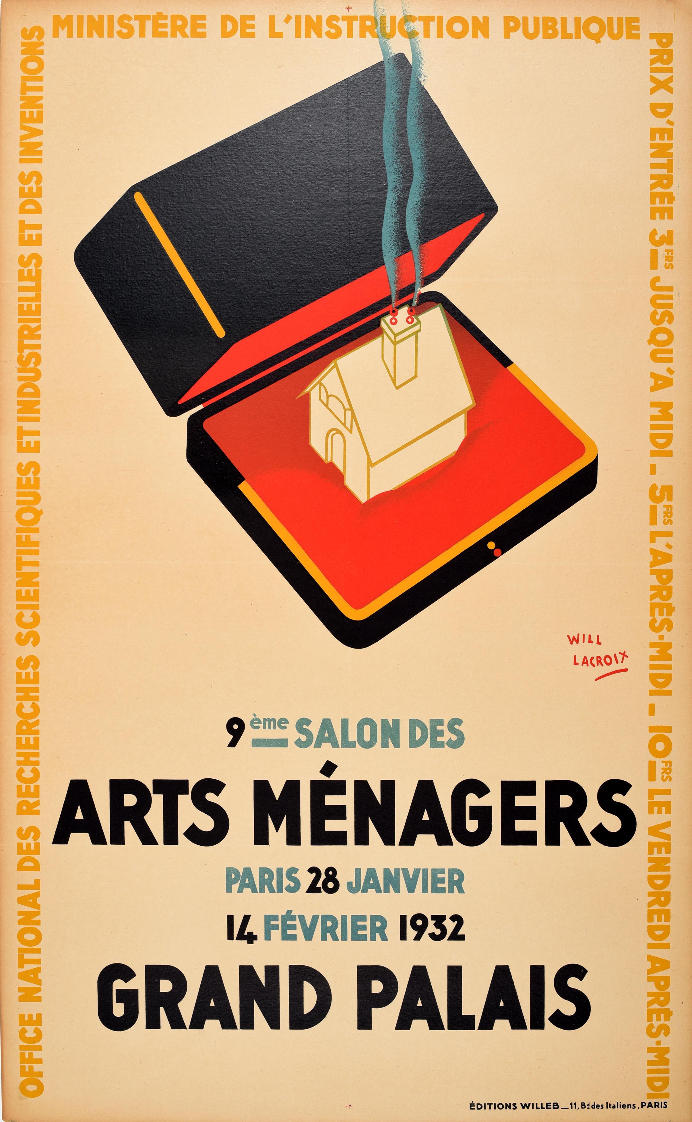 Original vintage exhibition poster advertising the Arts Menagers / Household Arts Show from 28 January to 14 February 1932 at the Grand Palais Paris featuring a great Art Deco design of a house inside a open ring box with the stylised lettering