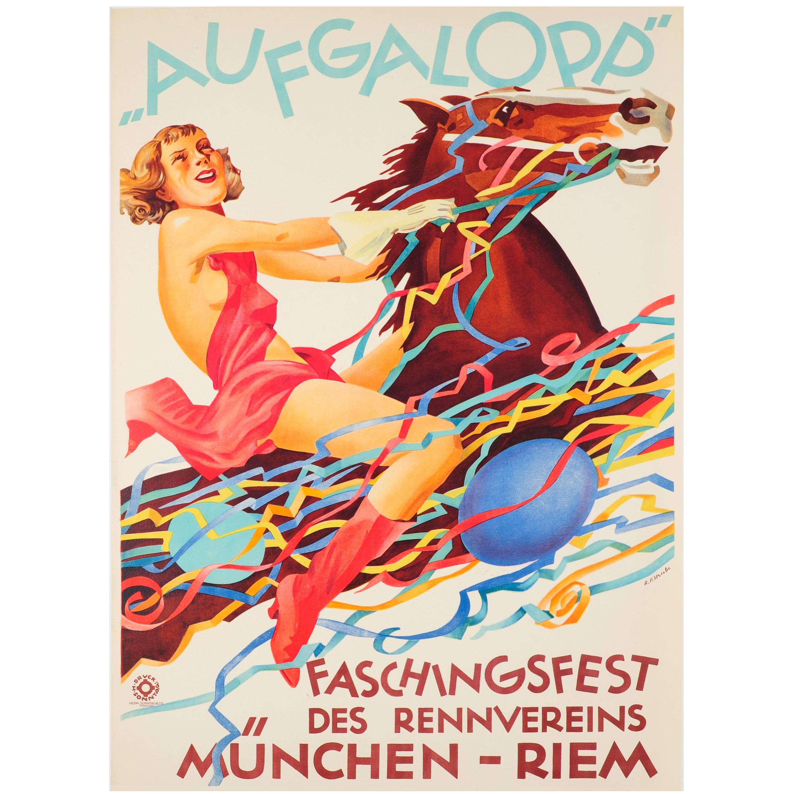 Affiche vintage d'origine pour le carnaval Aufgalopp Faschingsfest de Munich avec cheval