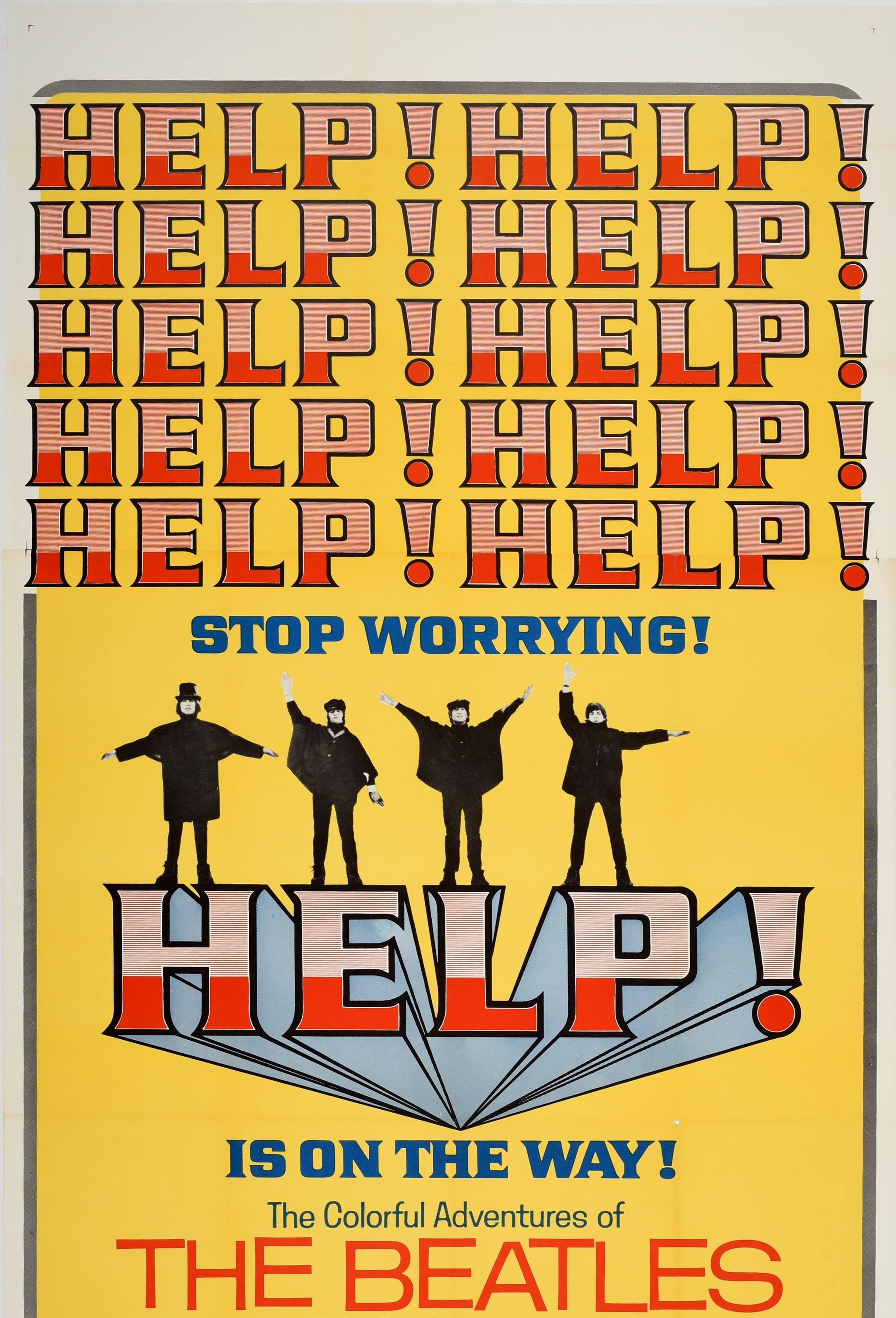 Original vintage movie poster for a Beatles film - Help! Help! Stop Worrying! Help! Is on the way! The colorful adventures of the Beatles Help yourself to seven great new Beatle hits! - featuring the bold stylised lettering against a yellow
