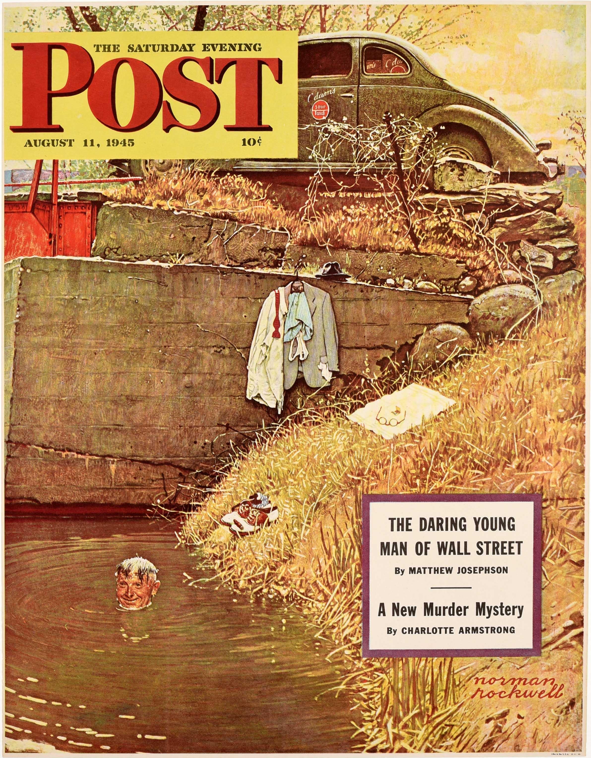 Original vintage magazine advertising poster for The Saturday Evening Post 11 August 1945 featuring an image of a car parked by a bridge with the smiling driver swimming in the river below, his clothes and hat on the old stone wall with glasses on a