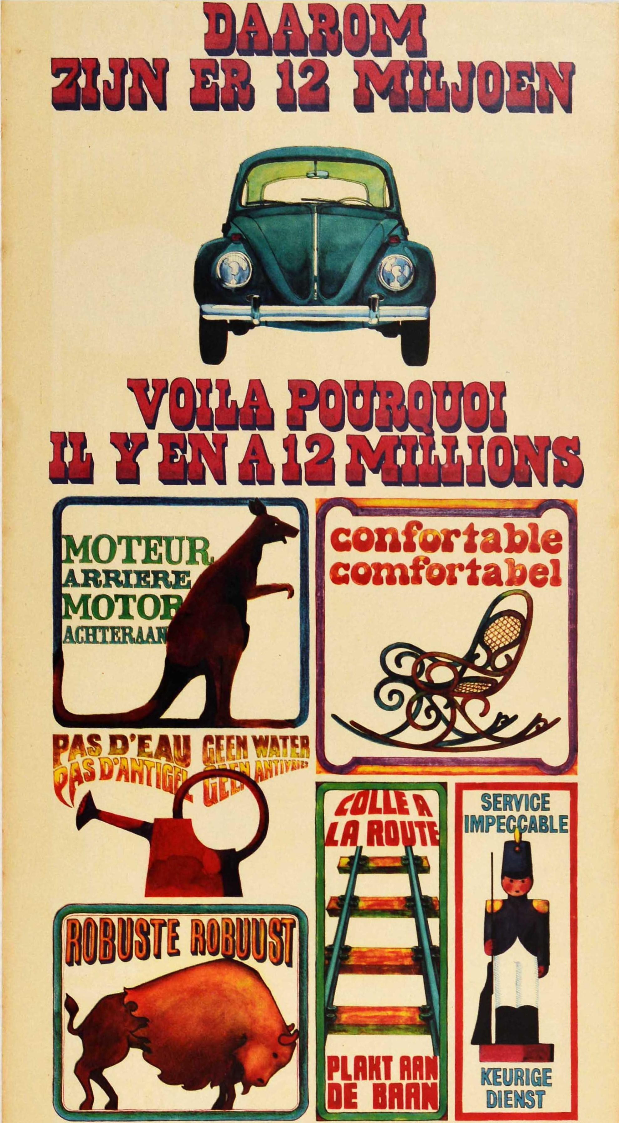Original vintage car advertising poster for Volkswagen Beetle in Dutch and French - Daarum zijn er 12 miljoen Voila pourquoi il y en 12 millions / That's why there are 12 million - featuring fun colourful framed illustrations with stylised lettering