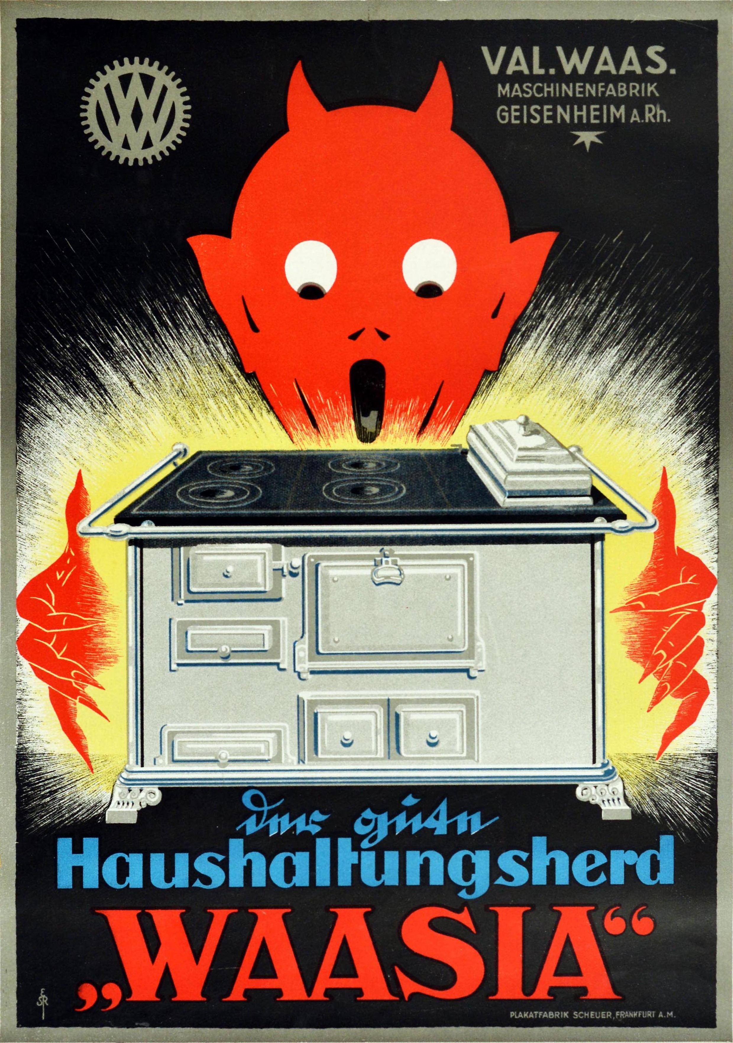 Original vintage advertising poster for a Waasia household oven stove produced by the Val Waas machine factory featuring a dynamic illustration of a surprised looking devil in red admiring a cooker with rays of yellow and white light surrounding it,