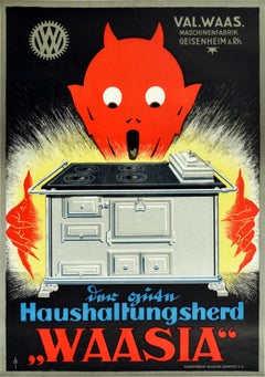 Original Vintage Poster For Waasia Household Stoves Kitchen Cooker Devil Design