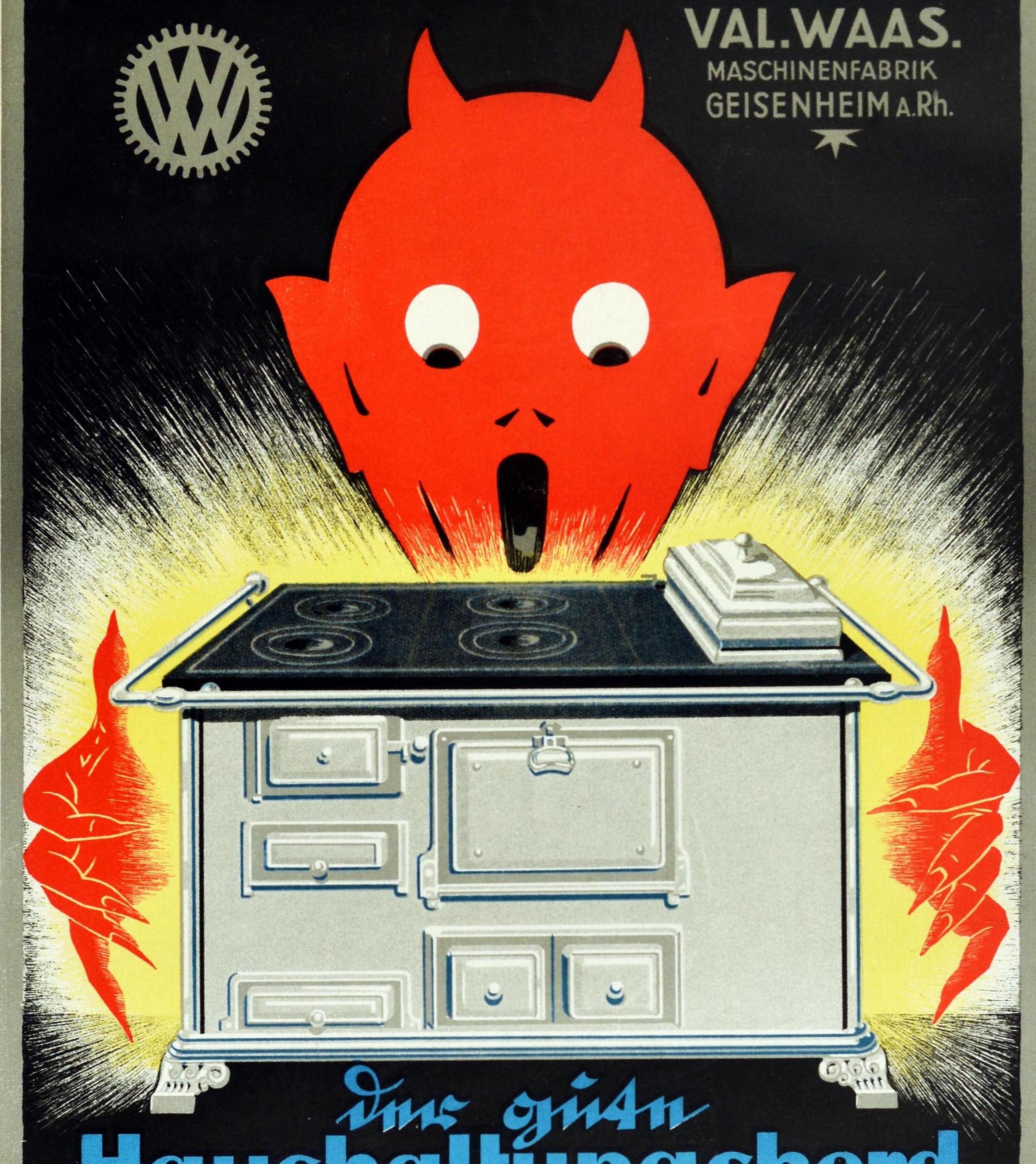 German Original Vintage Poster For Waasia Household Stoves Kitchen Cooker Devil Design