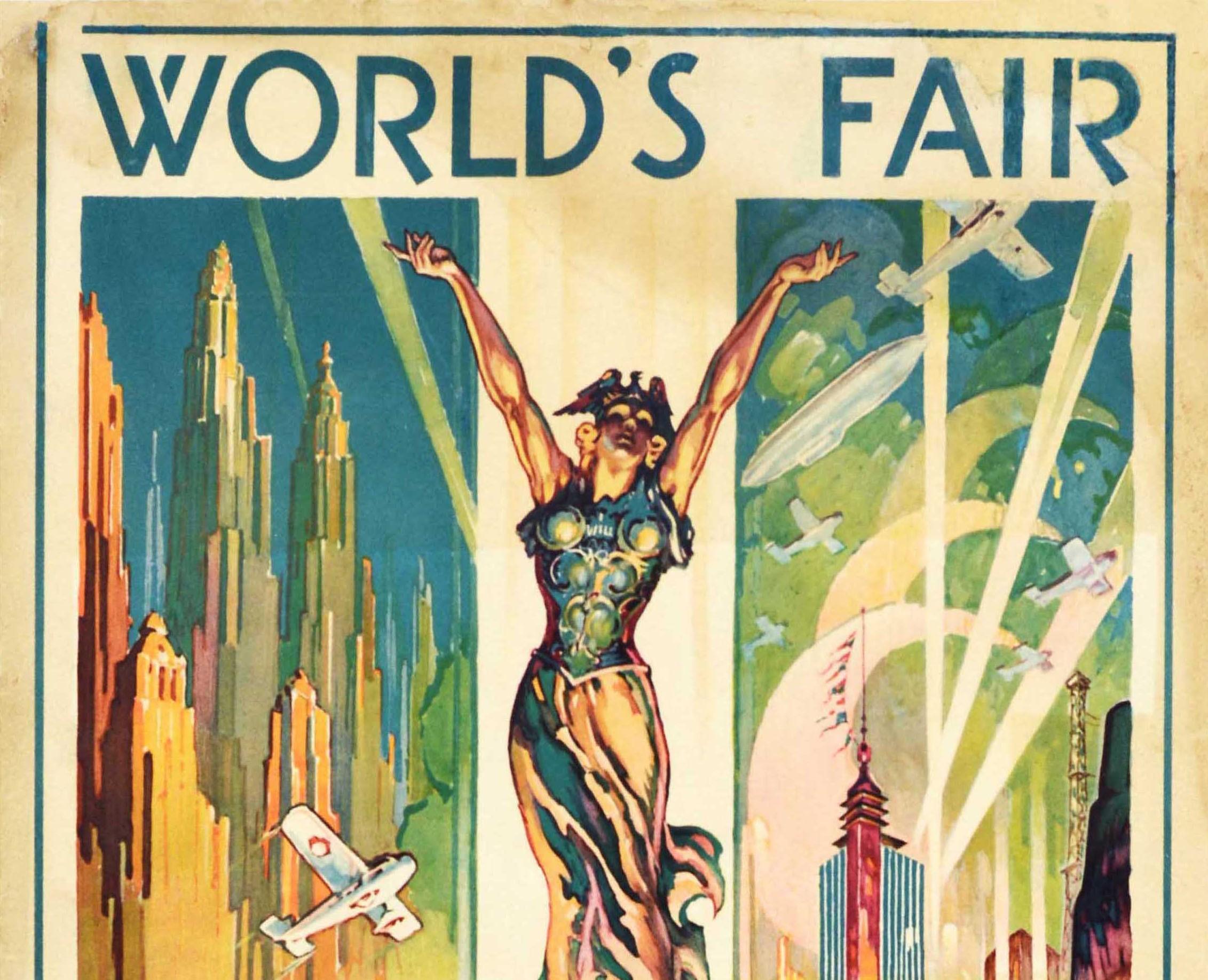 Original vintage poster for the World's Fair Chicago 1833 A Century of Progress 1933 international exposition held from 27 May to 1 November 1933 under the theme of Technological Innovation with the motto Science Finds, Industry Applies, Man