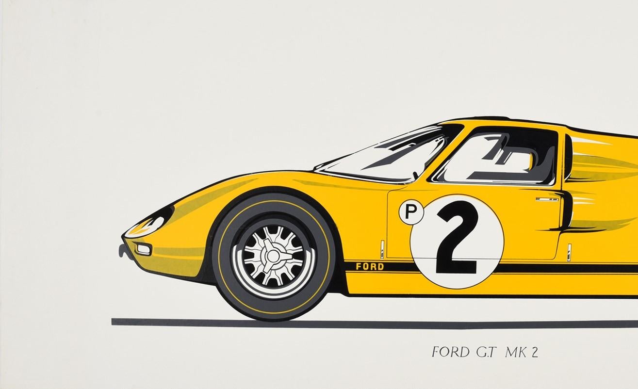 Original vintage motor sport poster for Ford GT MK 2 featuring a great illustration of a yellow Ford GT MK II car marked with the number P2 on the side. Manufactured from 1964-1969, the Ford GT40 is an American high-performance endurance racing car